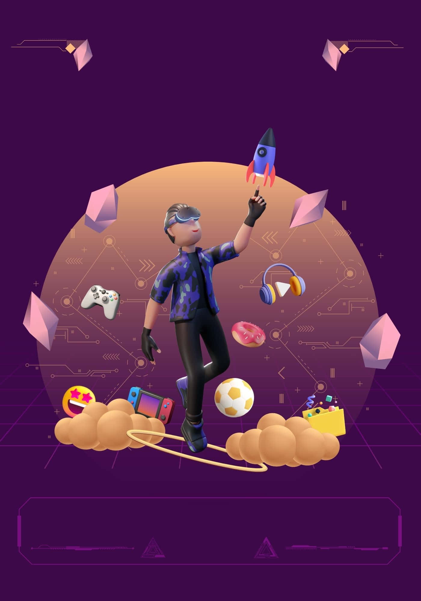 酷炫3D男子与火箭飞船背景 壁纸