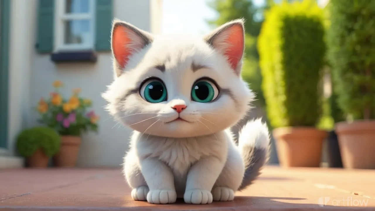 户外大眼睛萌猫 – 可爱3D风格猫咪 壁纸