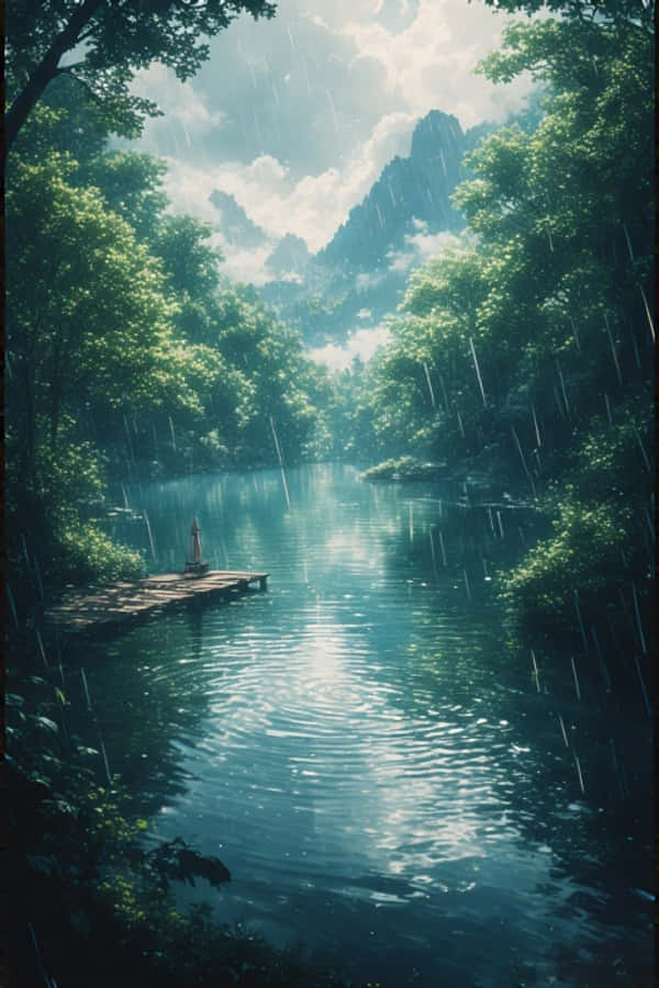 动漫雨中绿林湖宁静自然 4K 壁纸