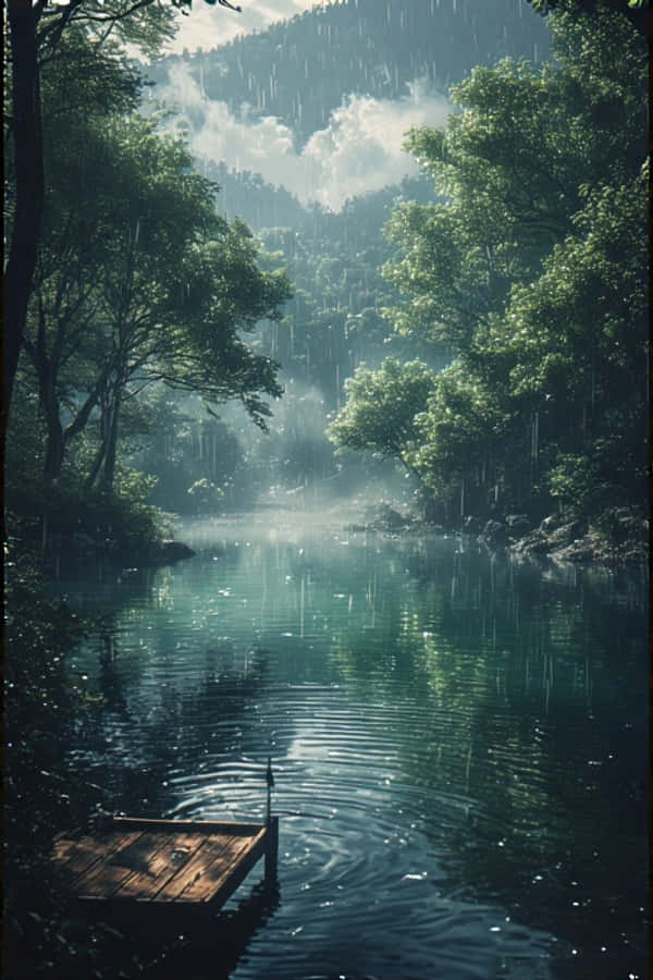 动漫风格雨中绿湖宁静自然4K 壁纸