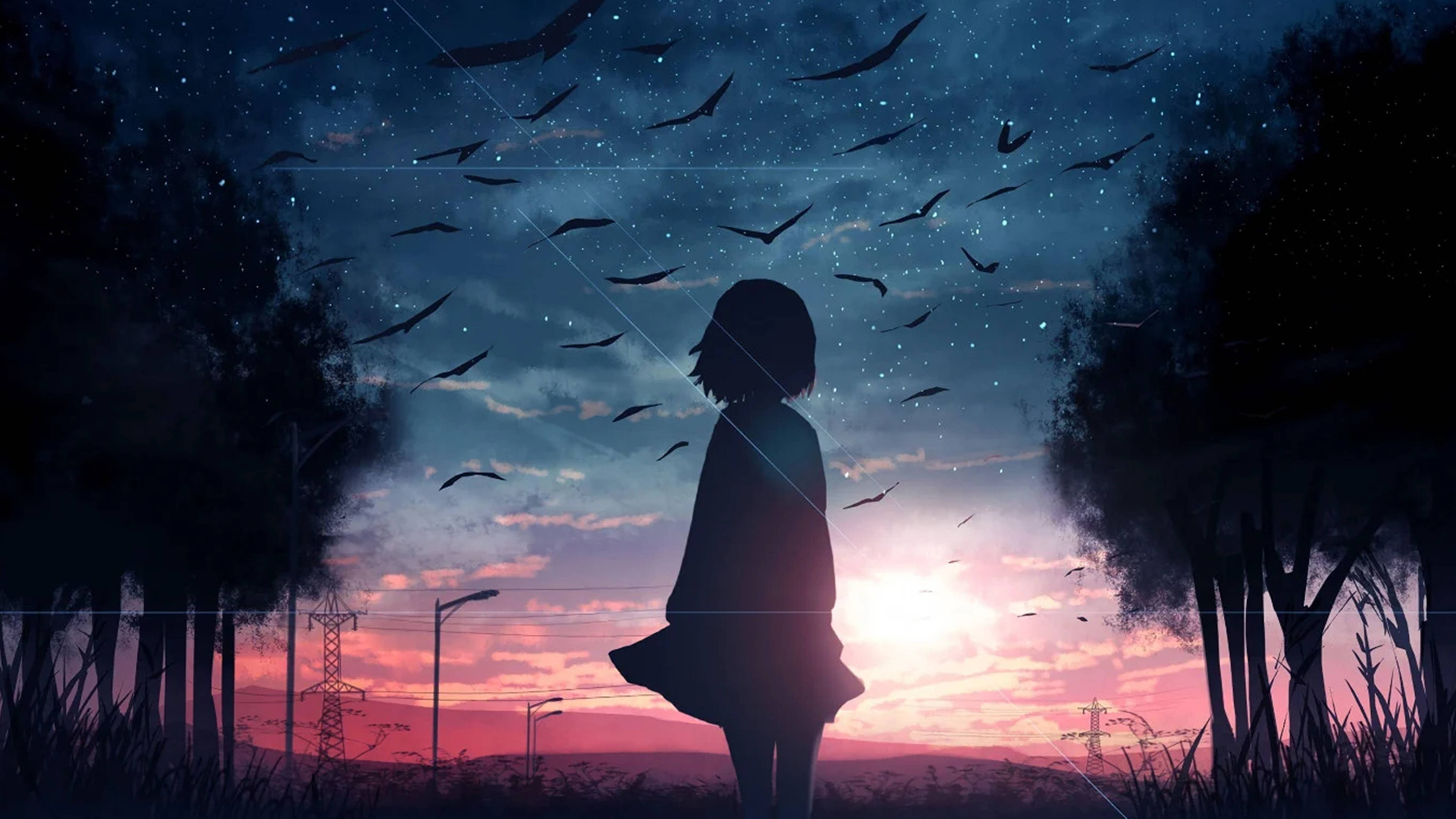 忧郁动漫4K女孩仰望天空 壁纸