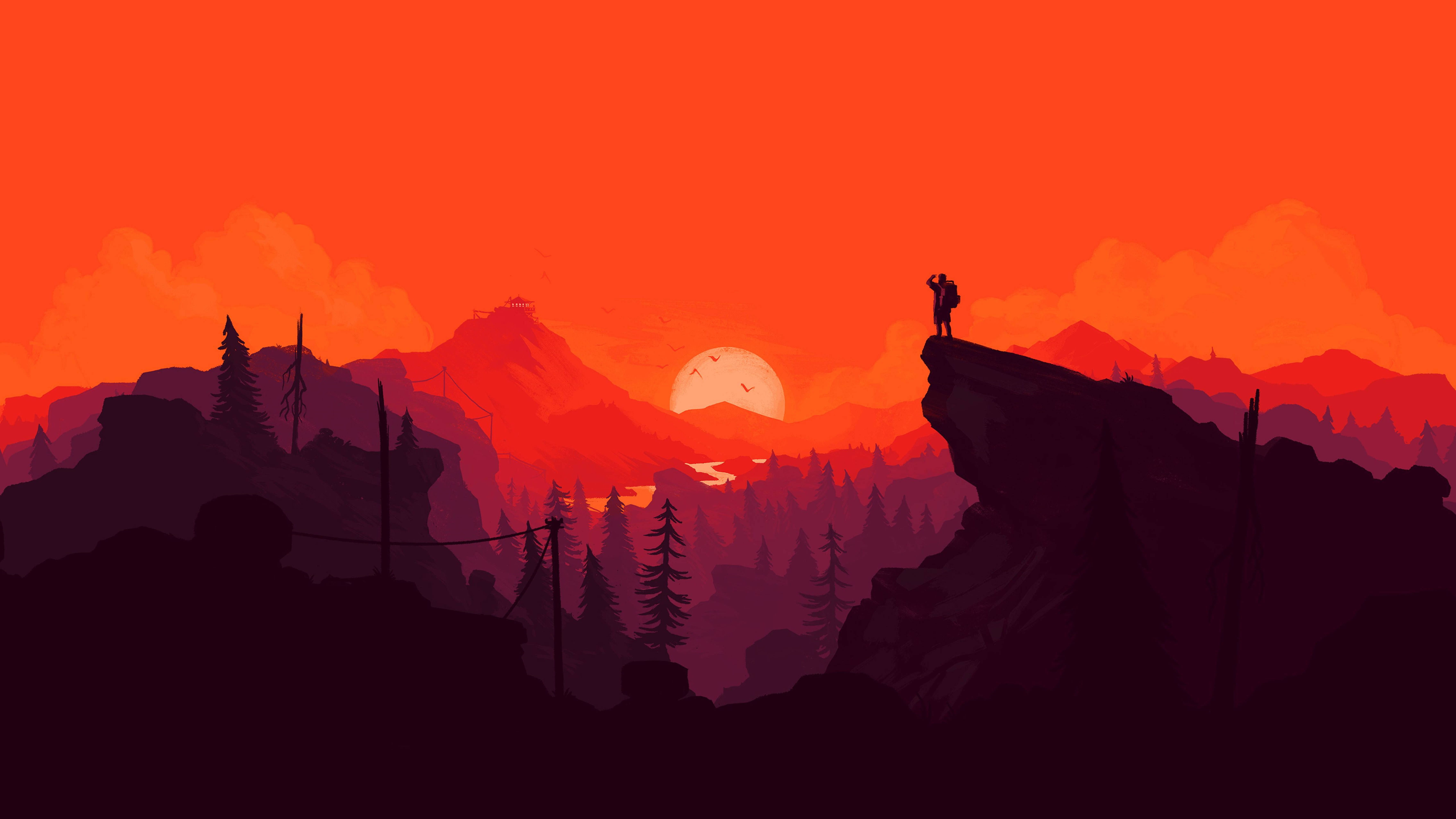 4K Firewatch 徒步者与红色山脉 壁纸