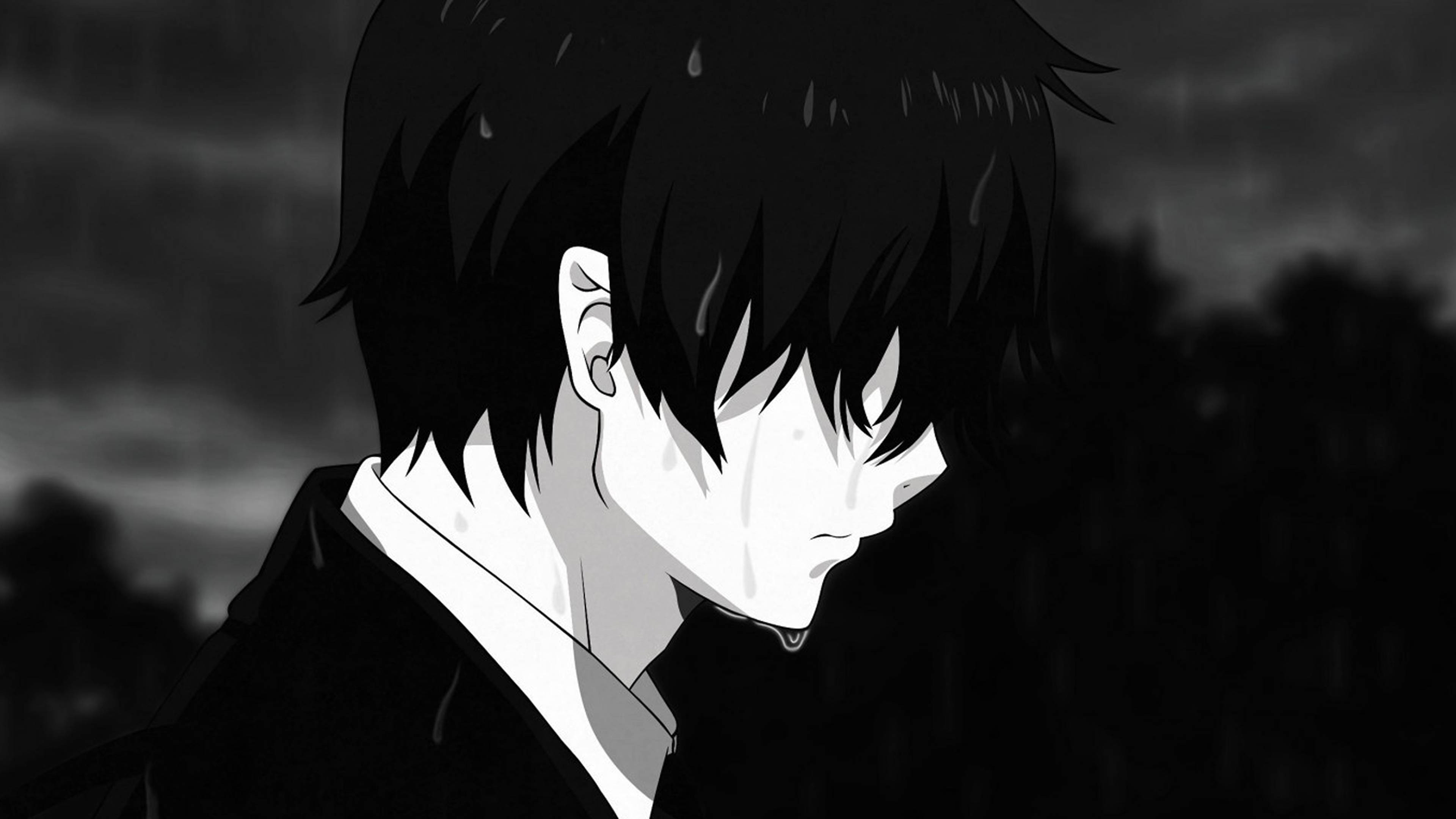 雨中哭泣的动漫男 4K 伤感壁纸 壁纸