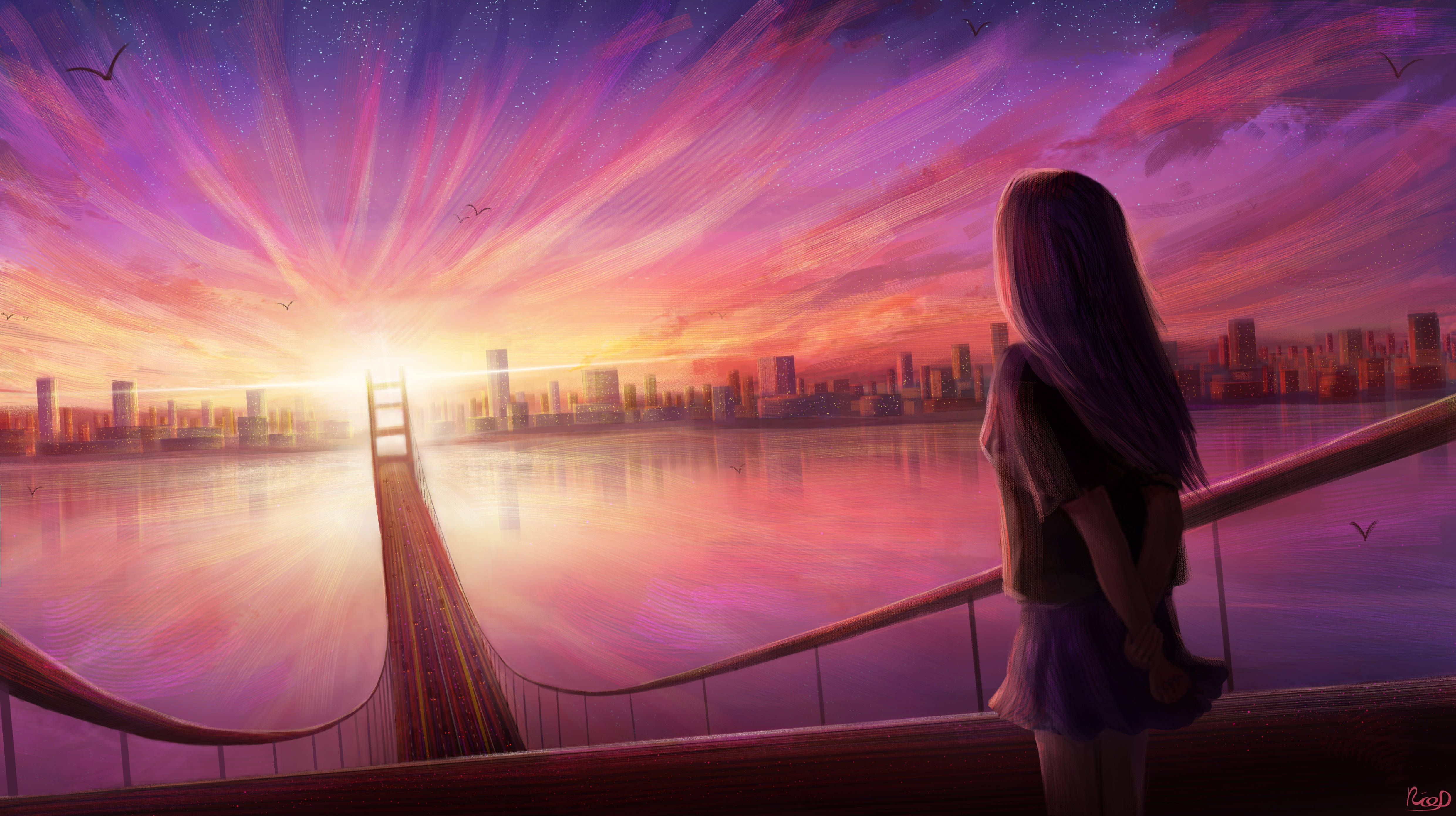4K动漫夕阳桥 壁纸