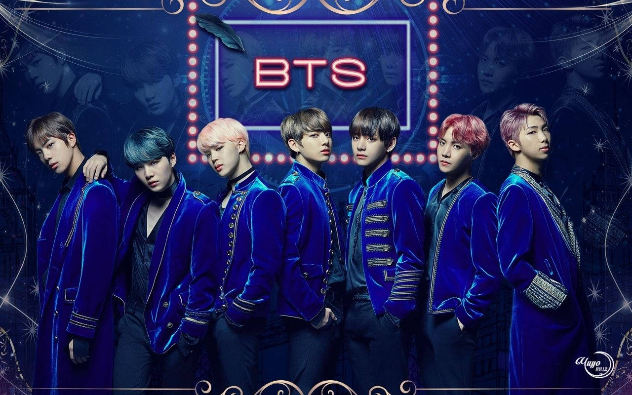 BTS 男团成员身穿蓝色夹克，新音乐。