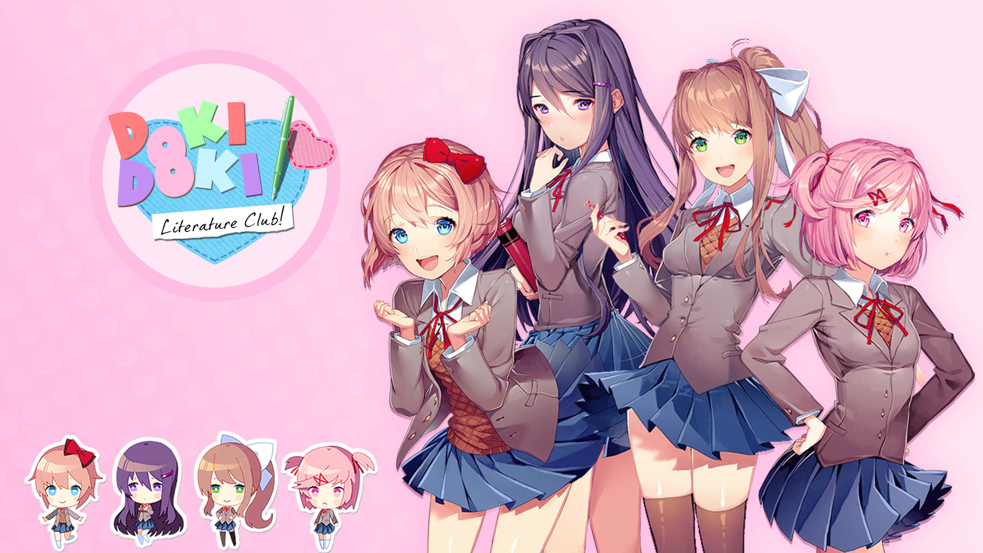白色背景DDLC女孩与Logo 壁纸