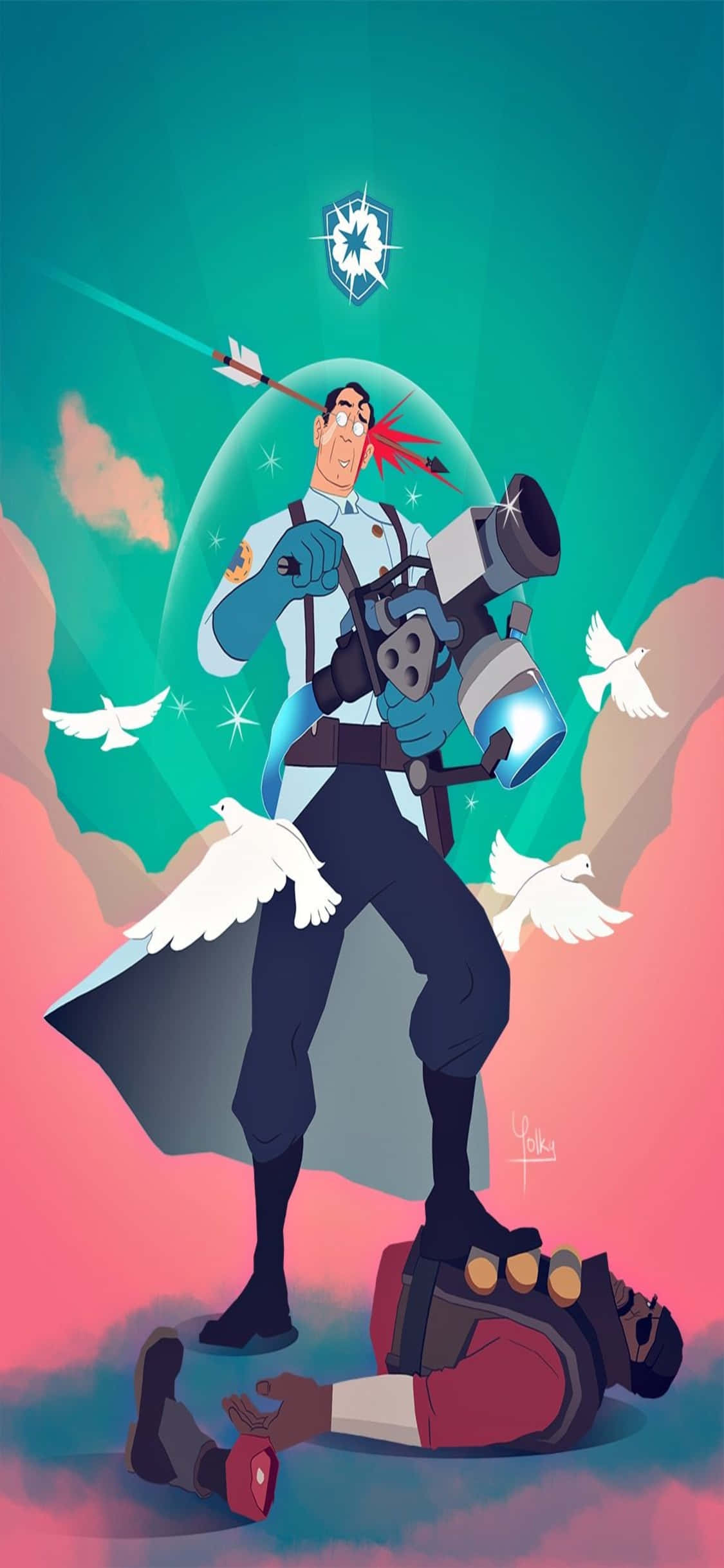 iPhone XS TF2背景：医生站在士兵尸体上的粉丝艺术 壁纸