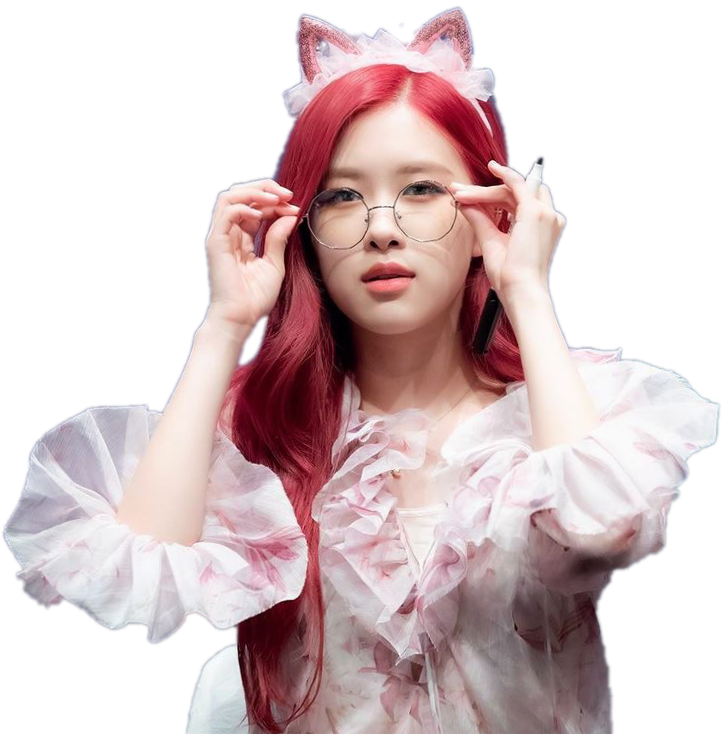 红发女Kpop明星戴猫耳和眼镜 壁纸