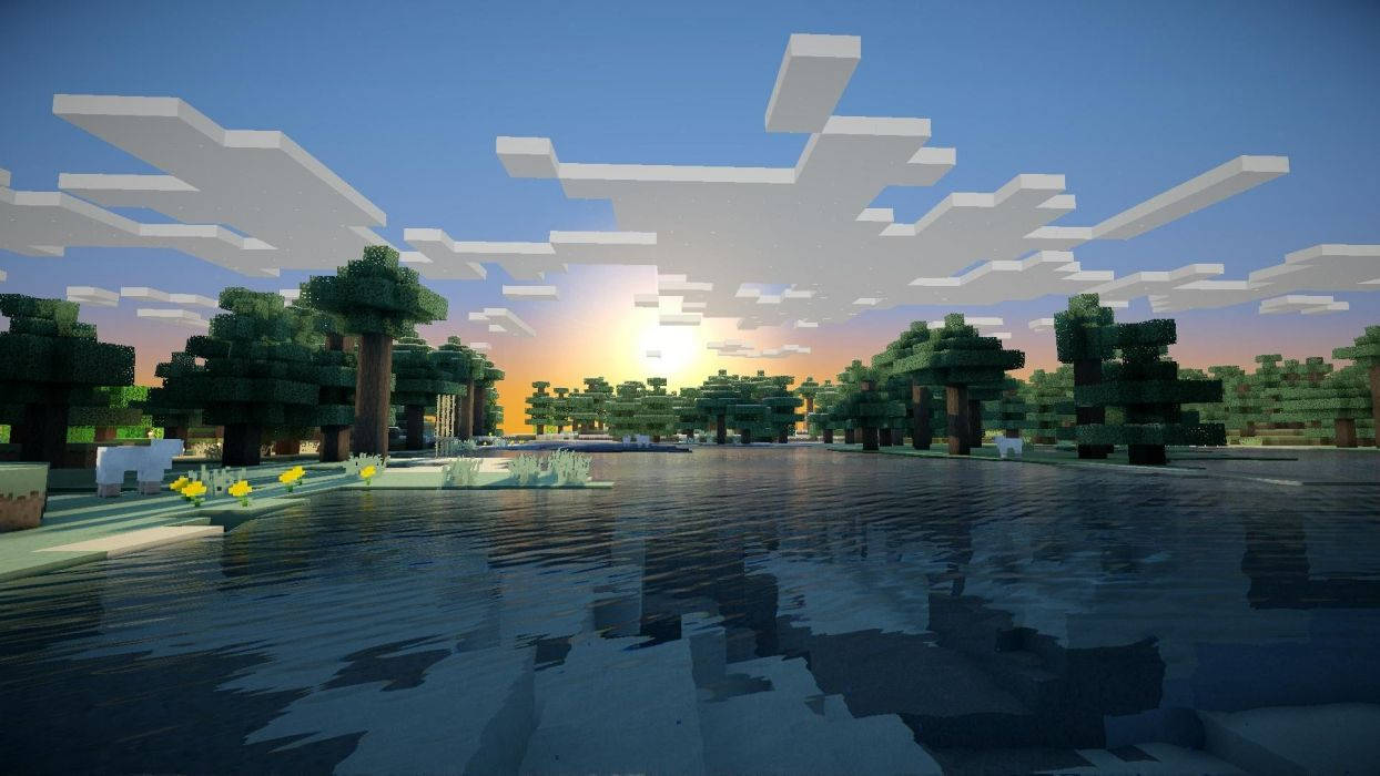 Minecraft中多云日出的美丽景色 壁纸
