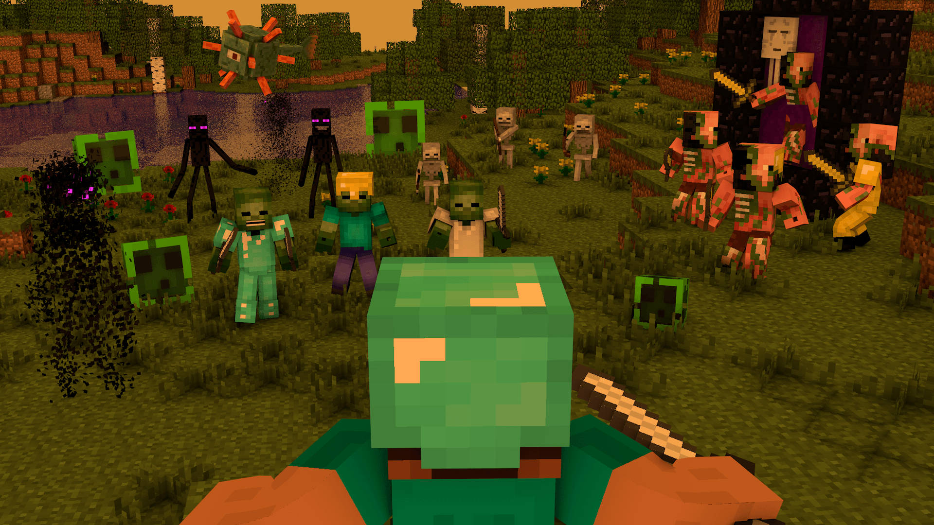 Minecraft主要角色反派在田野战斗壁纸