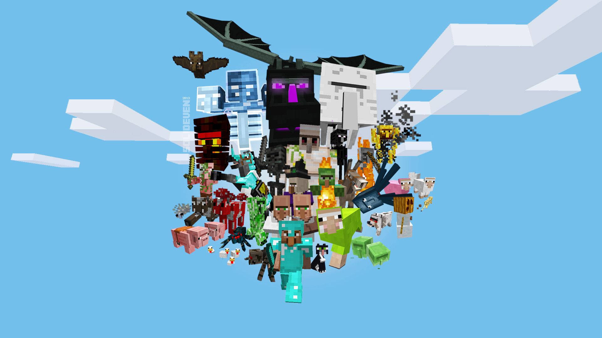 Minecraft各类生物齐聚天空壁纸