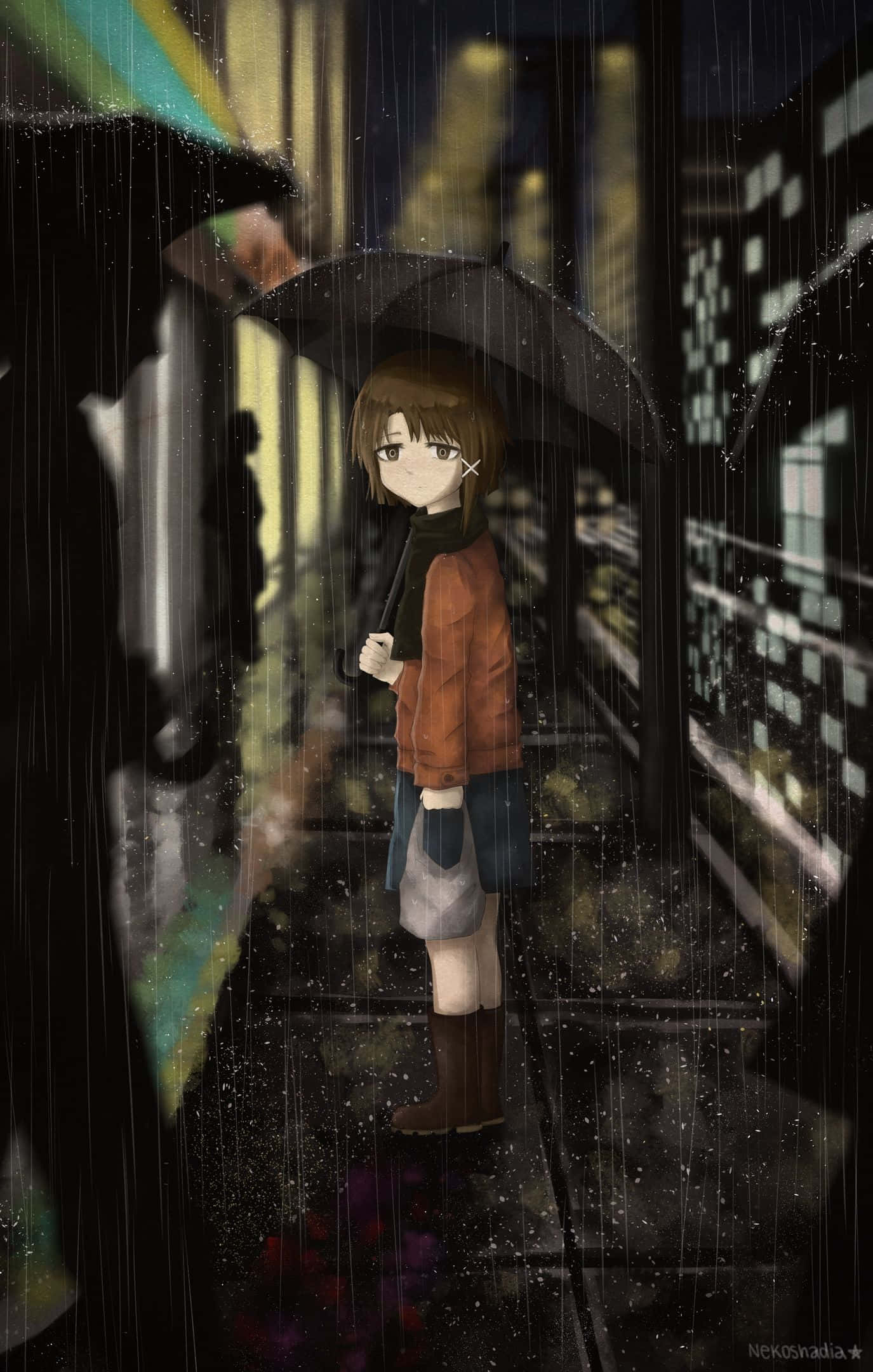 一个女孩在雨中拿着伞站立 壁纸
