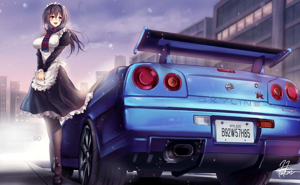 一个女孩站在一辆蓝色汽车旁 壁纸