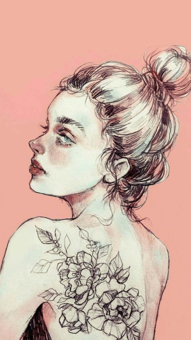 一位背部有纹身的女性画作 壁纸