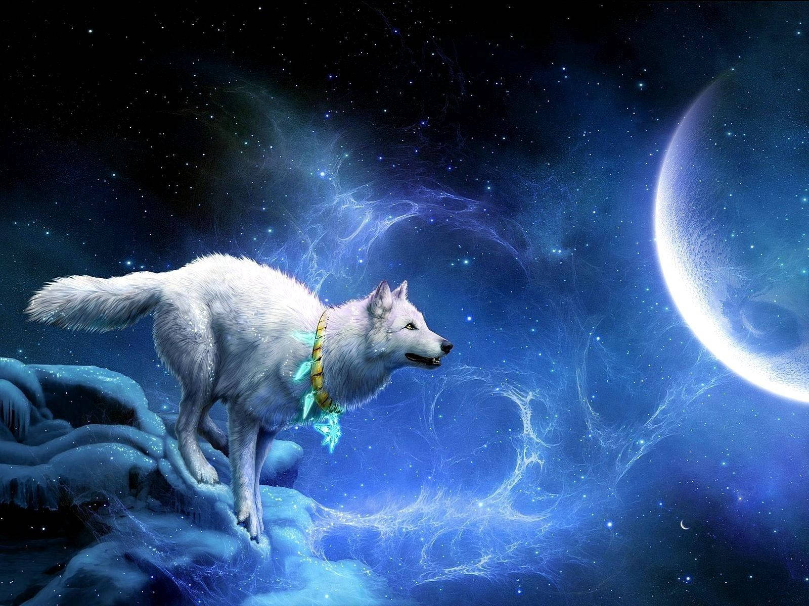 梦幻蓝星空背景下，一只戴着魔法项圈的白狼准备跃向月亮。