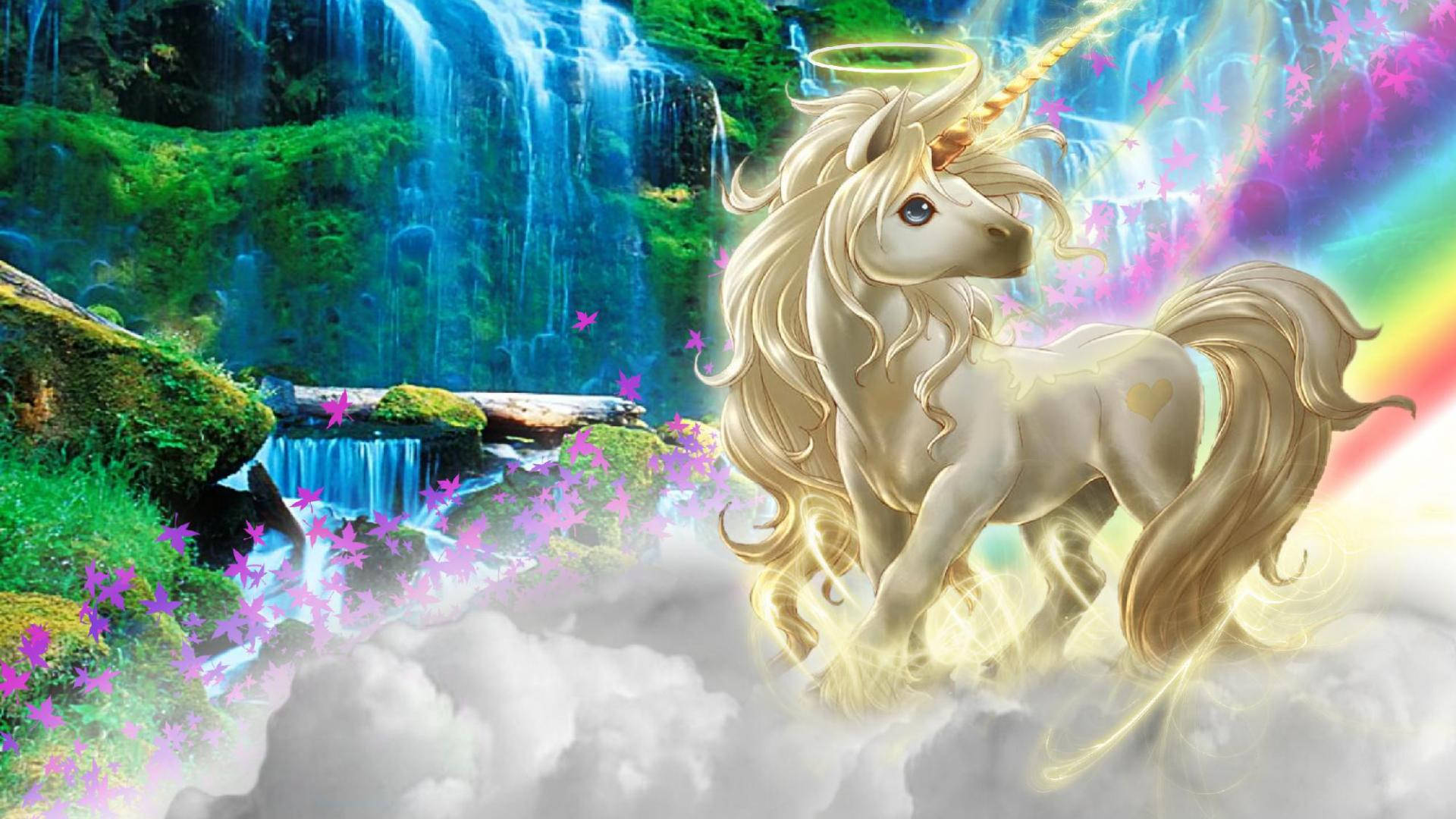 奇幻独角兽，拥有金棕色鬃毛、角和光环，身处充满云朵、绿草和彩虹的天堂般的地方。
