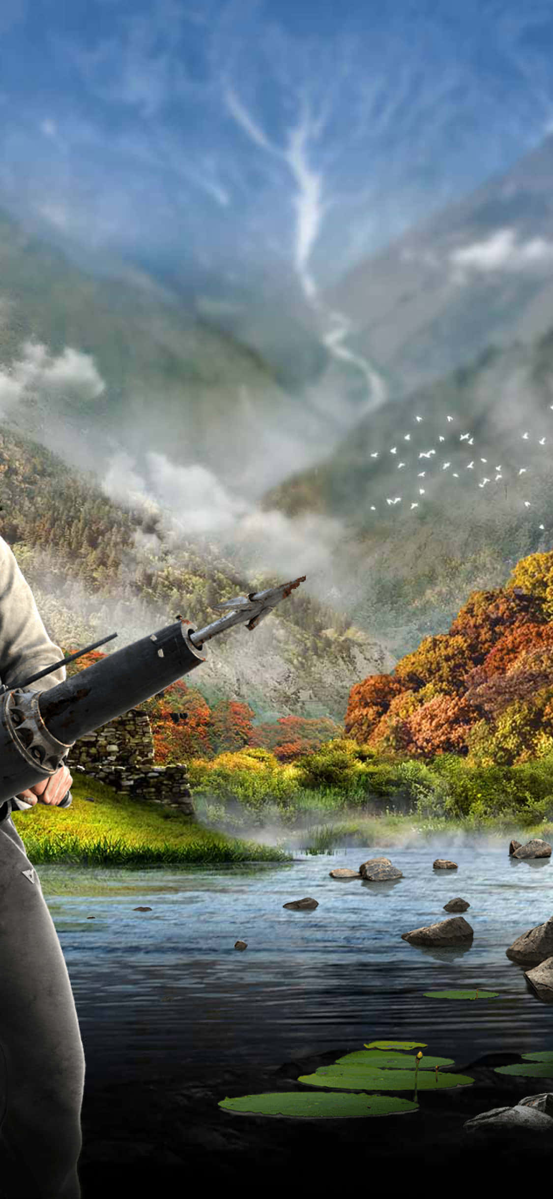 一名男子持步枪站在湖边 壁纸