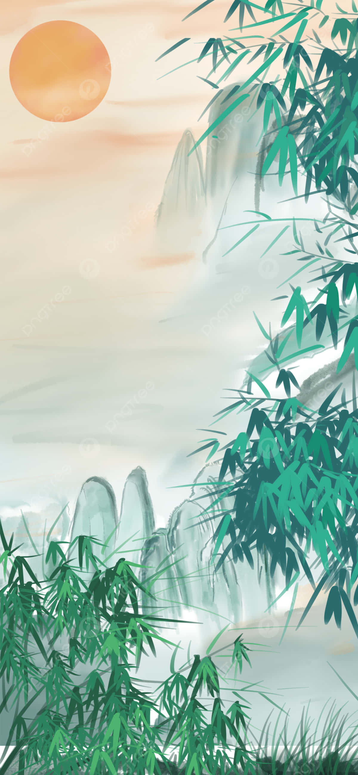 一幅描绘竹林与山脉的画作 壁纸