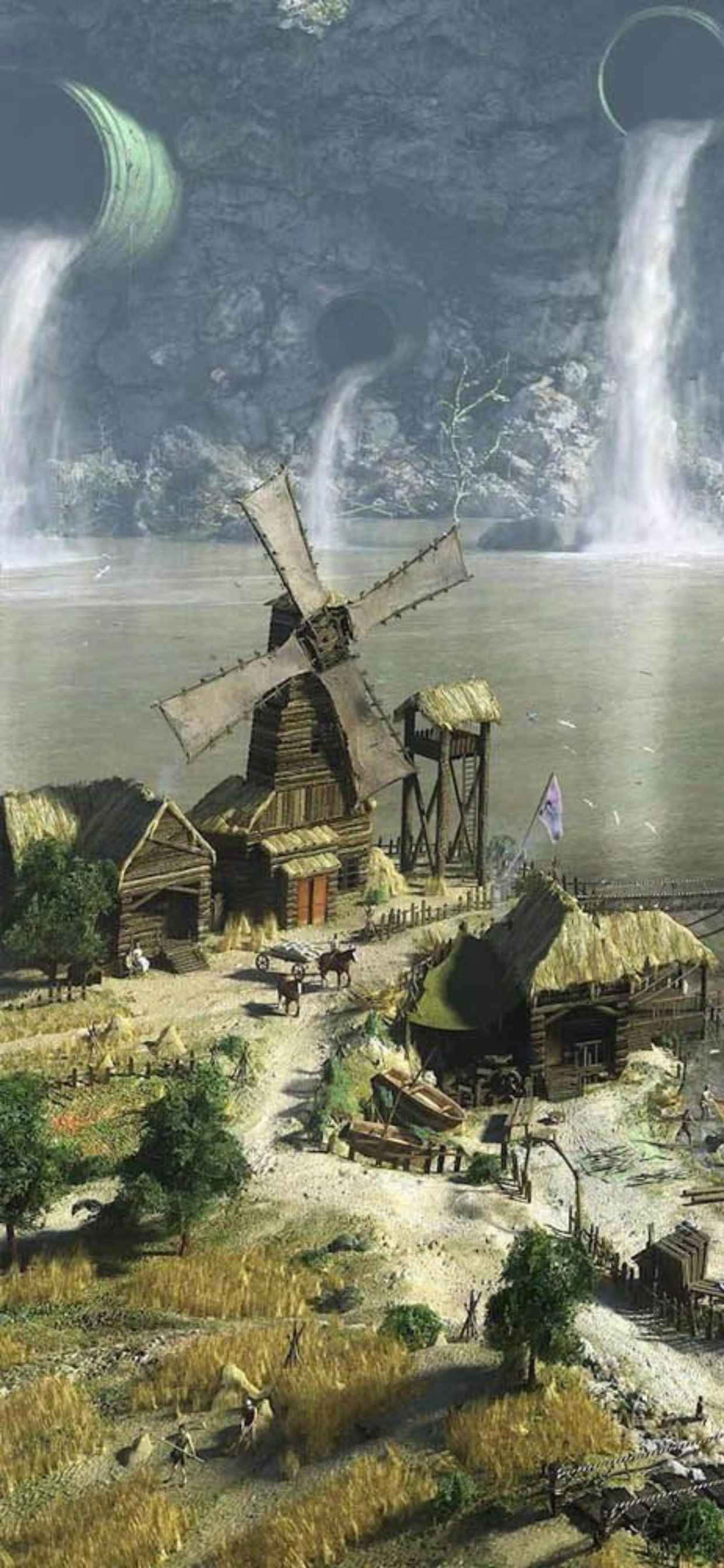 一幅风车与瀑布的画作 壁纸