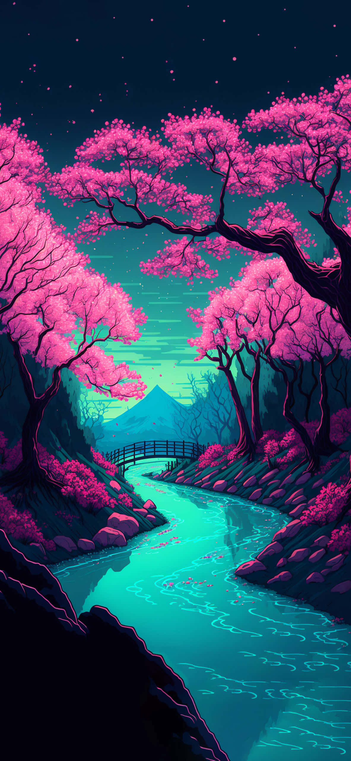 一棵粉色树，背景有河流 壁纸