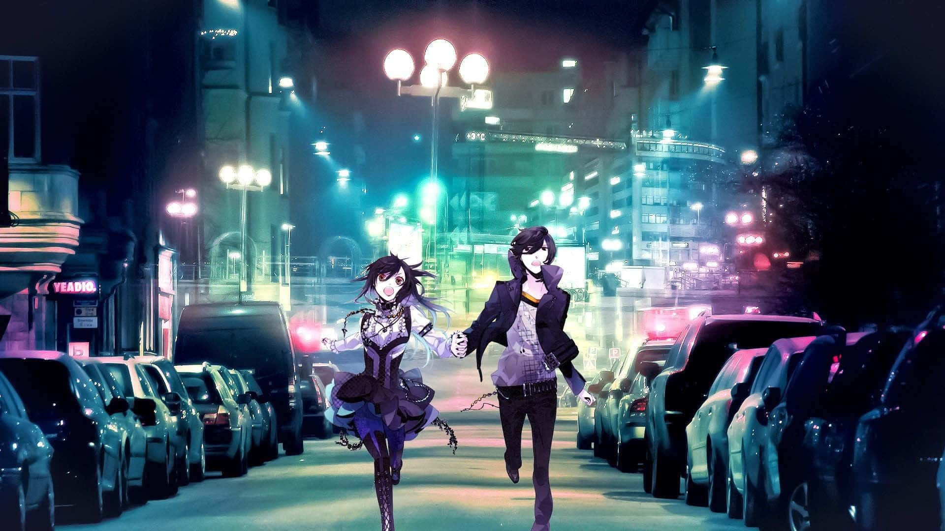 两个动漫女孩在夜晚的街道上行走 壁纸