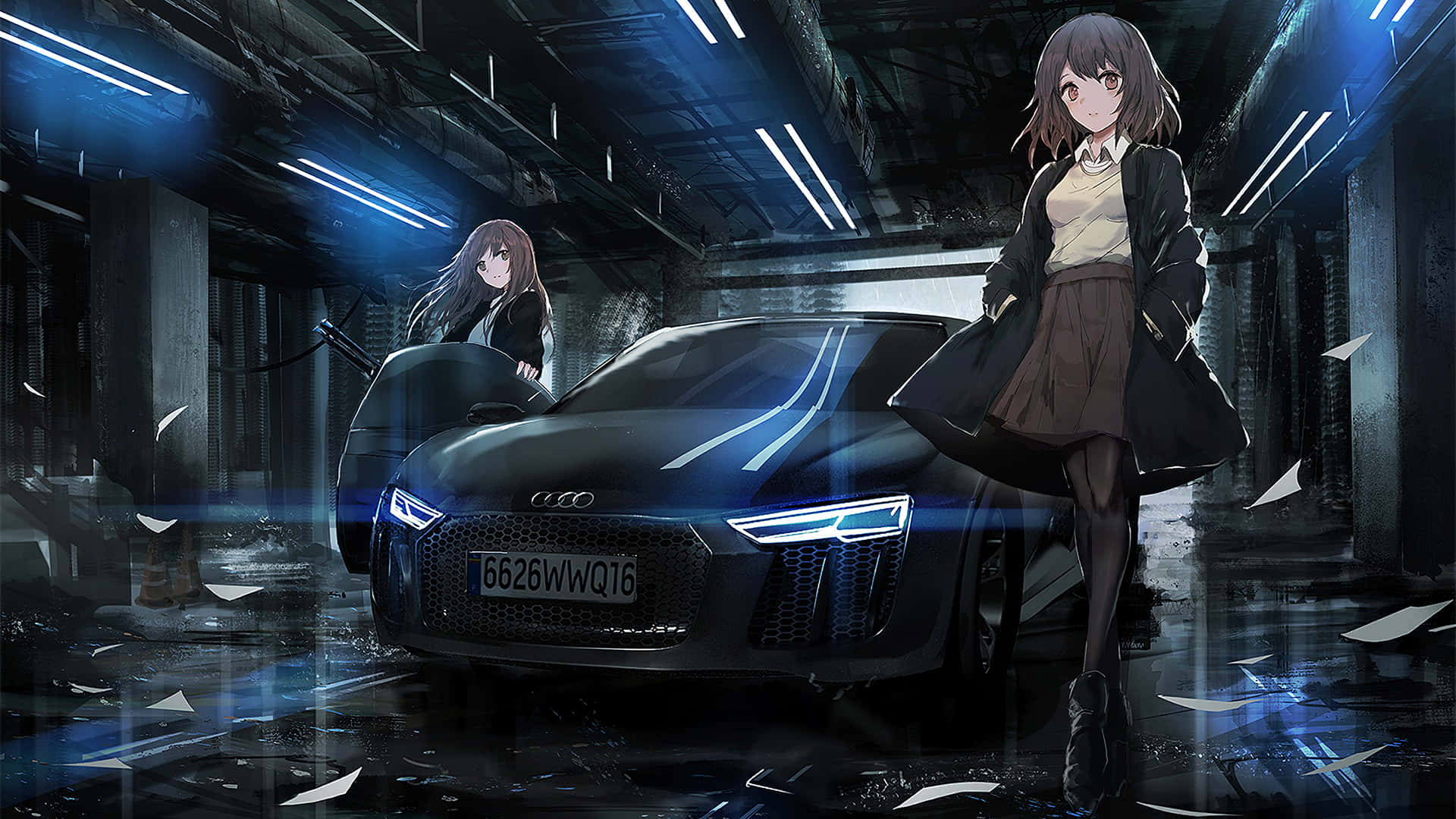 两个动漫少女站在车旁 壁纸