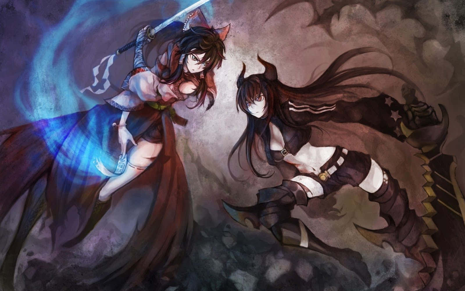 两位动漫少女持剑对峙的背景画面 壁纸
