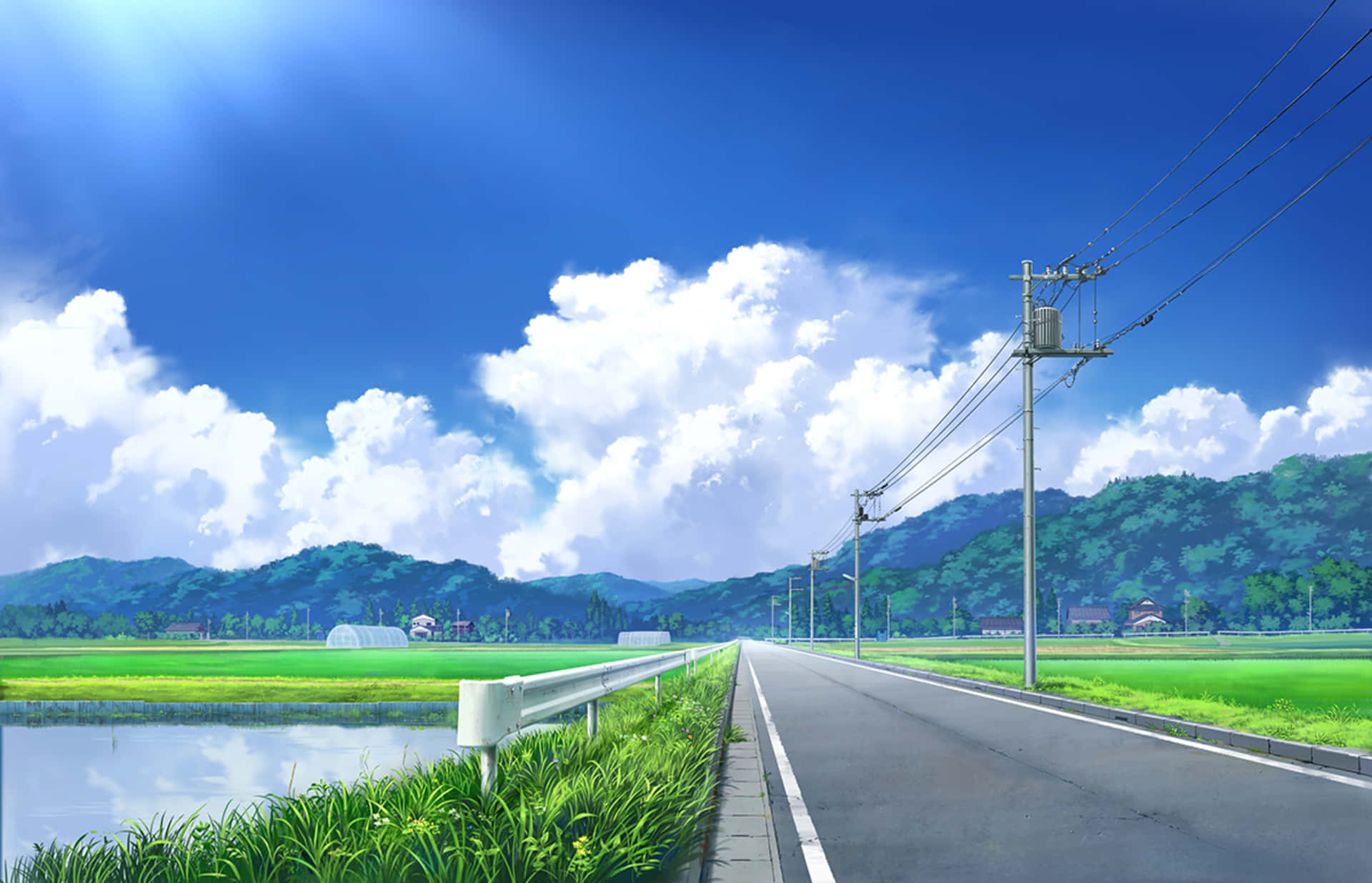 乡村道路与湖泊动漫艺术 壁纸
