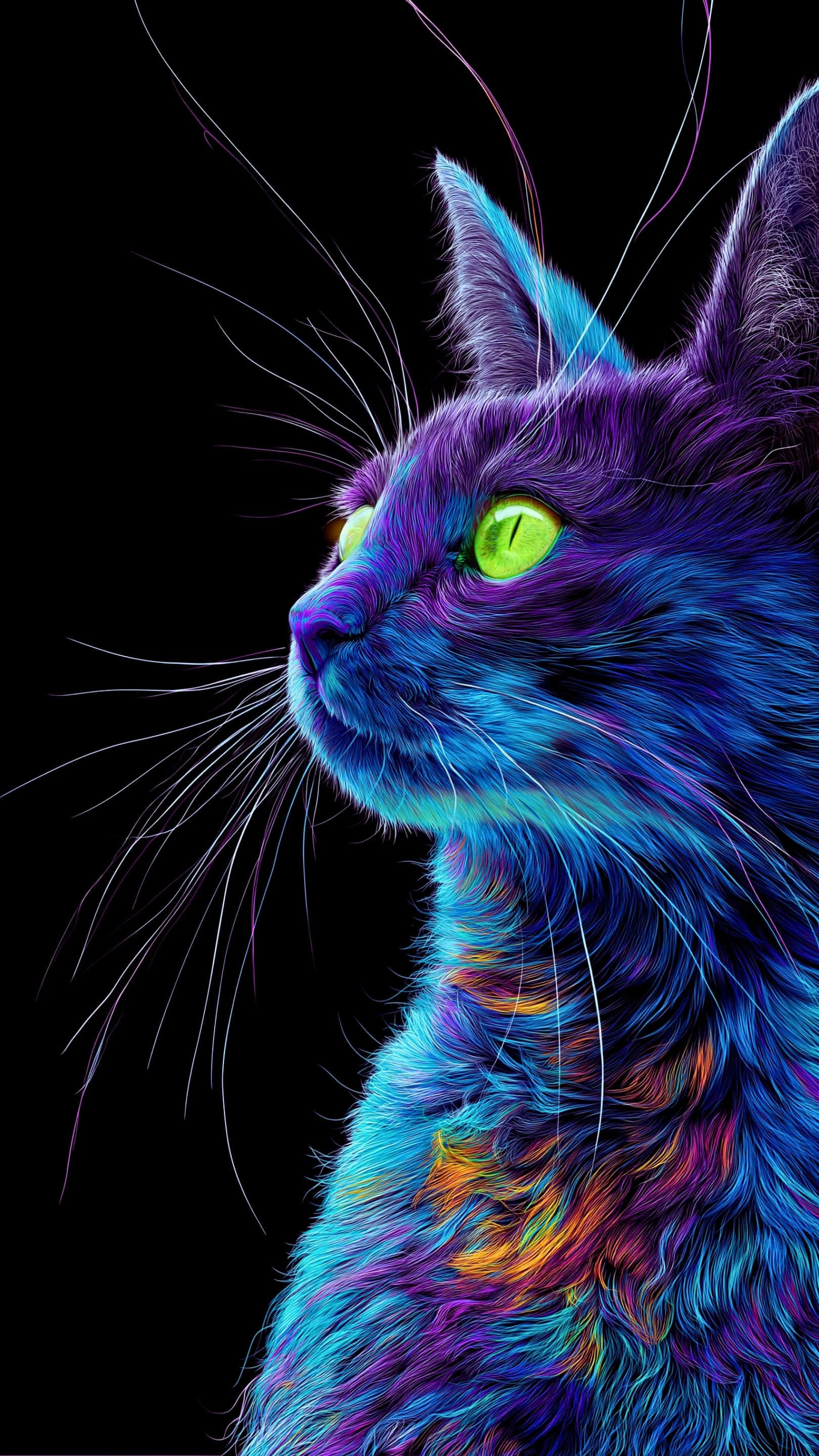 充满活力与艺术感的猫咪特写，电蓝色与紫色毛发散发光芒 壁纸