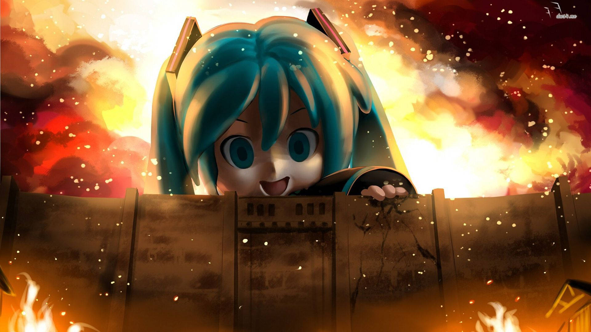 《进击的巨人》跨界同人壁纸中，初音未来从墙后探出头，窥视着超大型巨人。