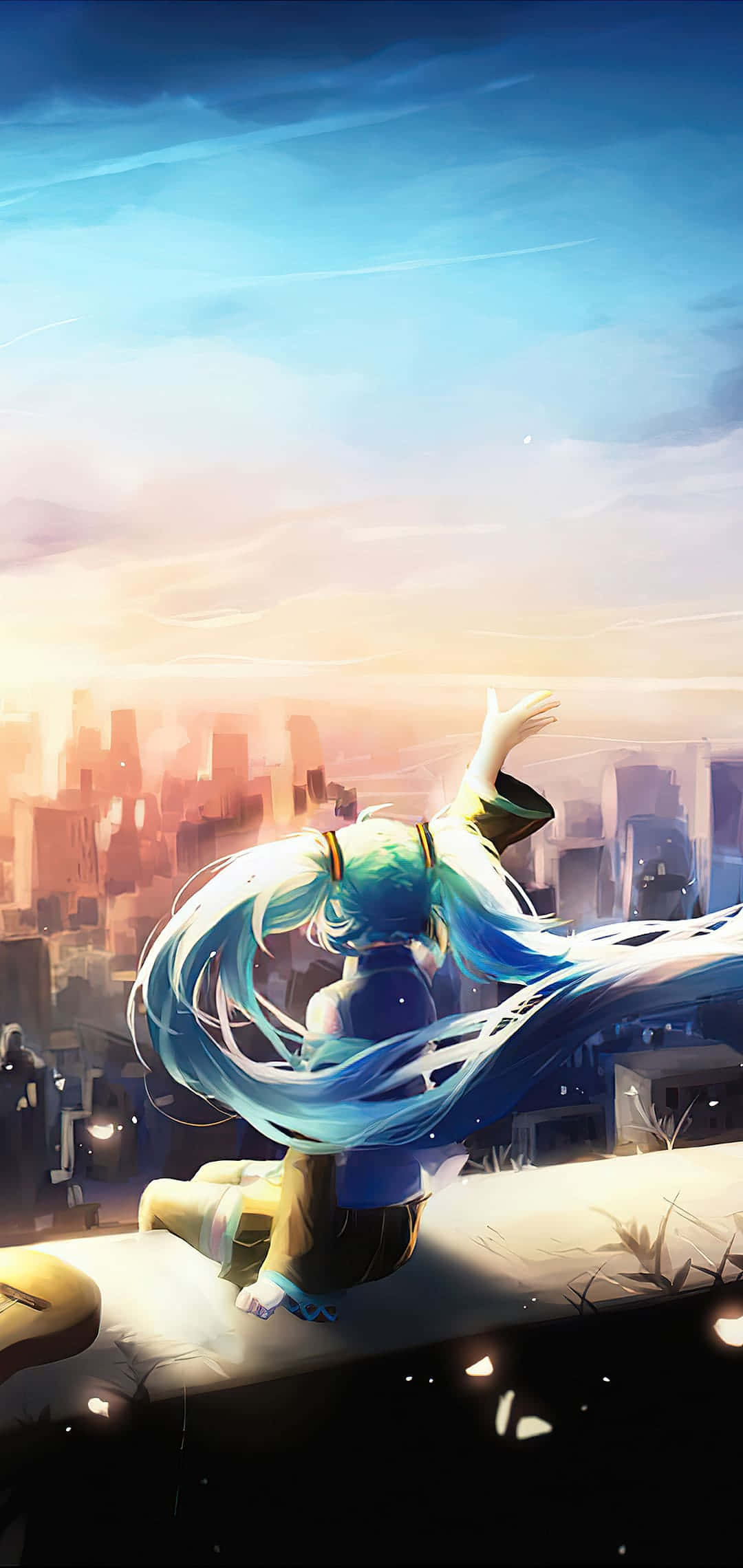 初音未来屋顶城市景观手机 壁纸