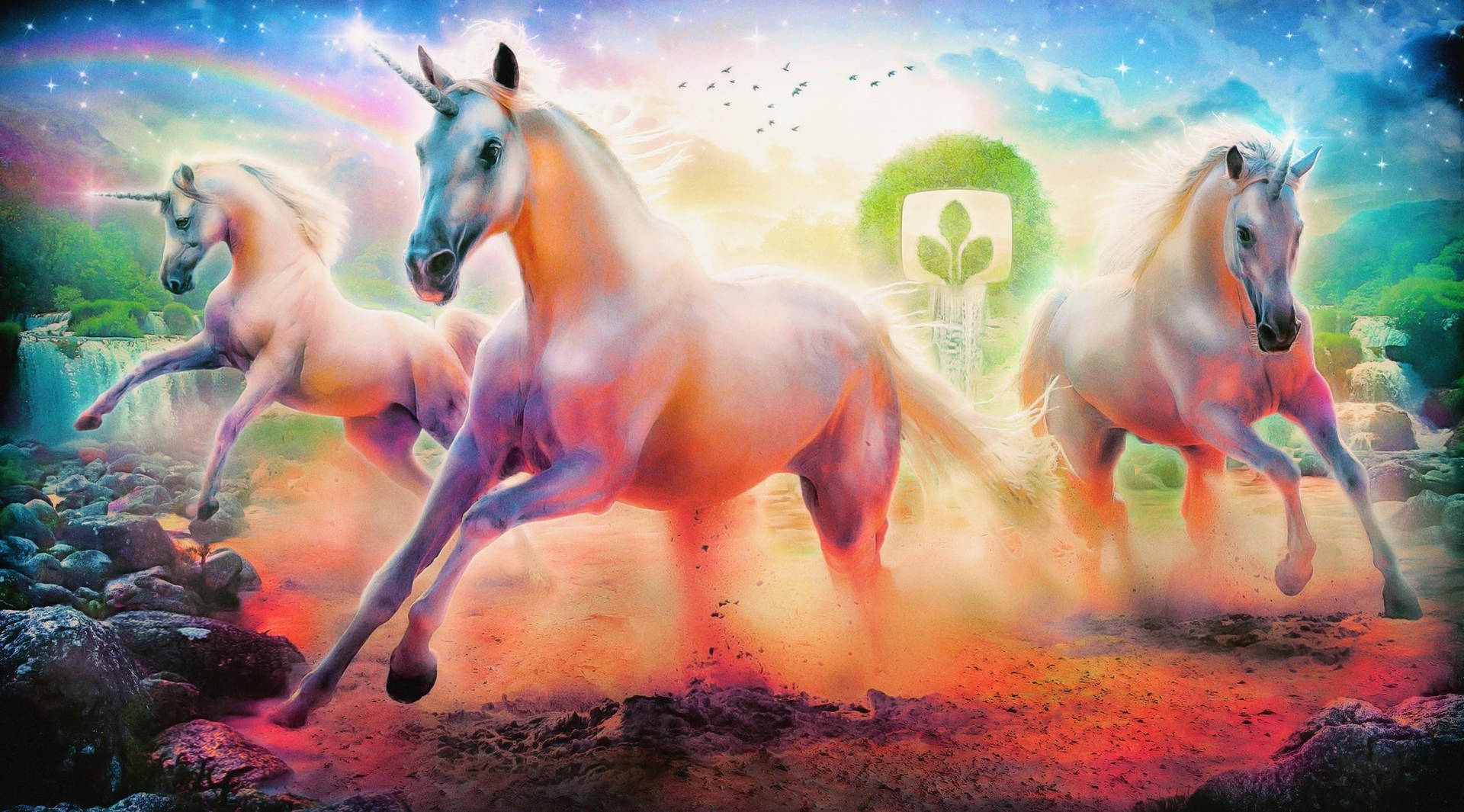 独角兽艺术，红色彩色尘埃，彩虹画中奔跑的神奇马匹