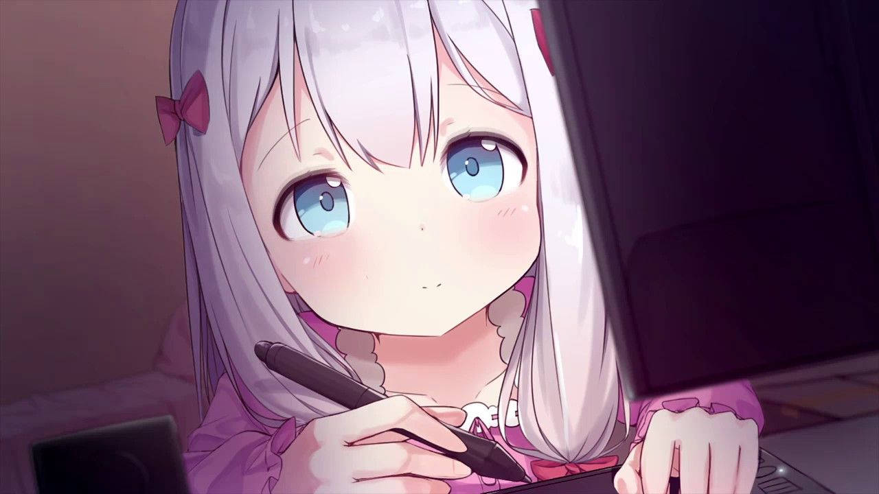 可爱动漫女孩和泉纱雾边看笔记本电脑边写字壁纸