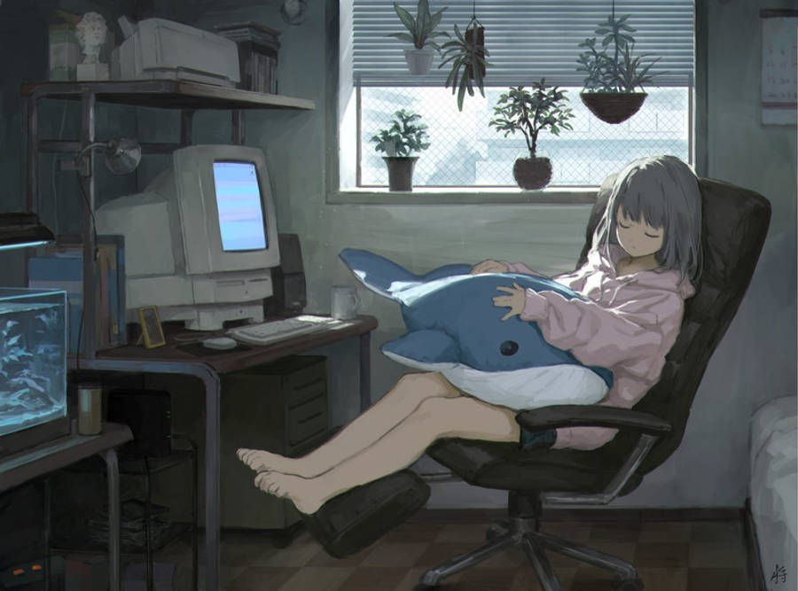 动漫女孩在笔记本电脑前睡着 壁纸