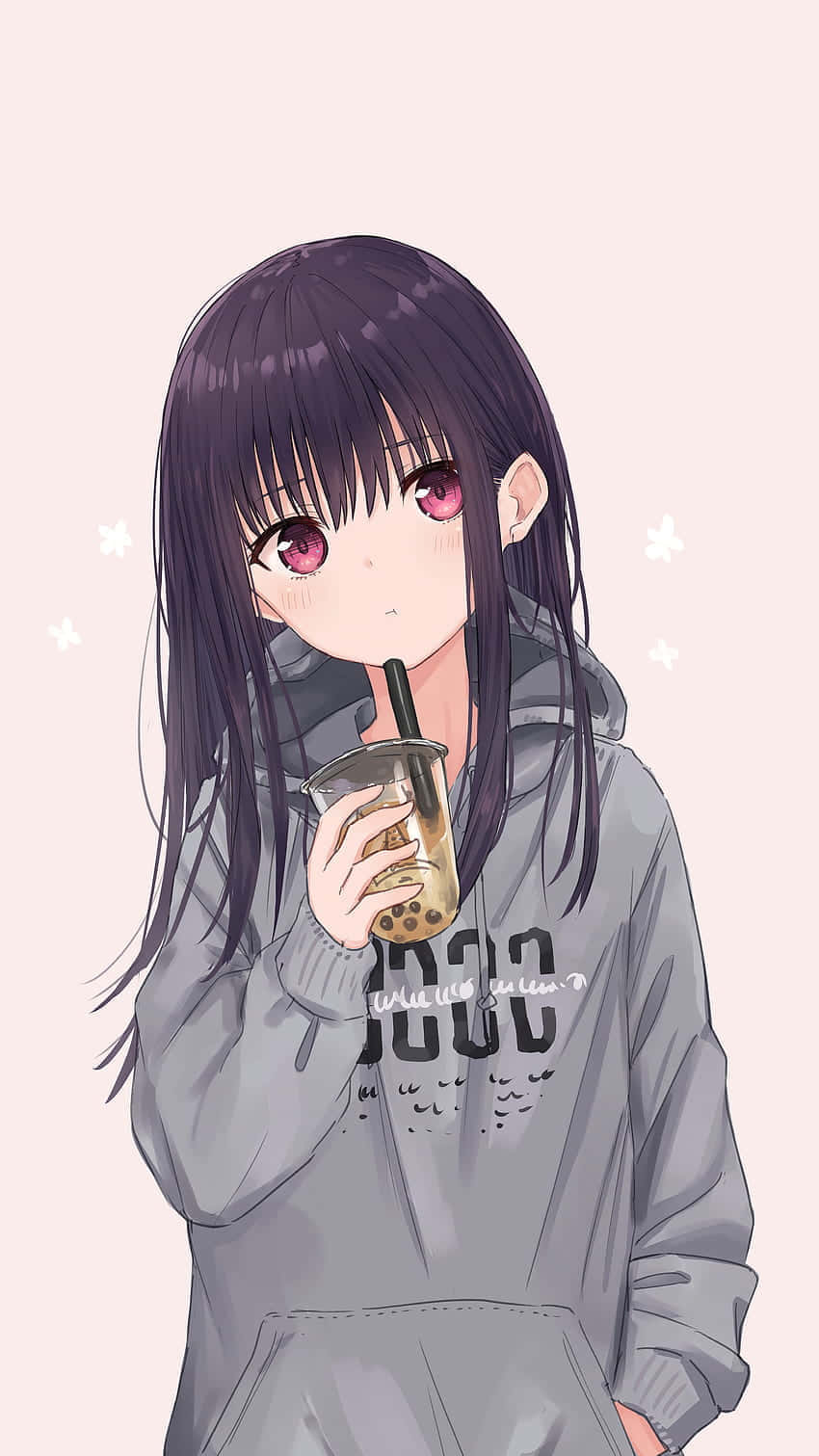 动漫女孩连帽衫与波霸奶茶图 壁纸