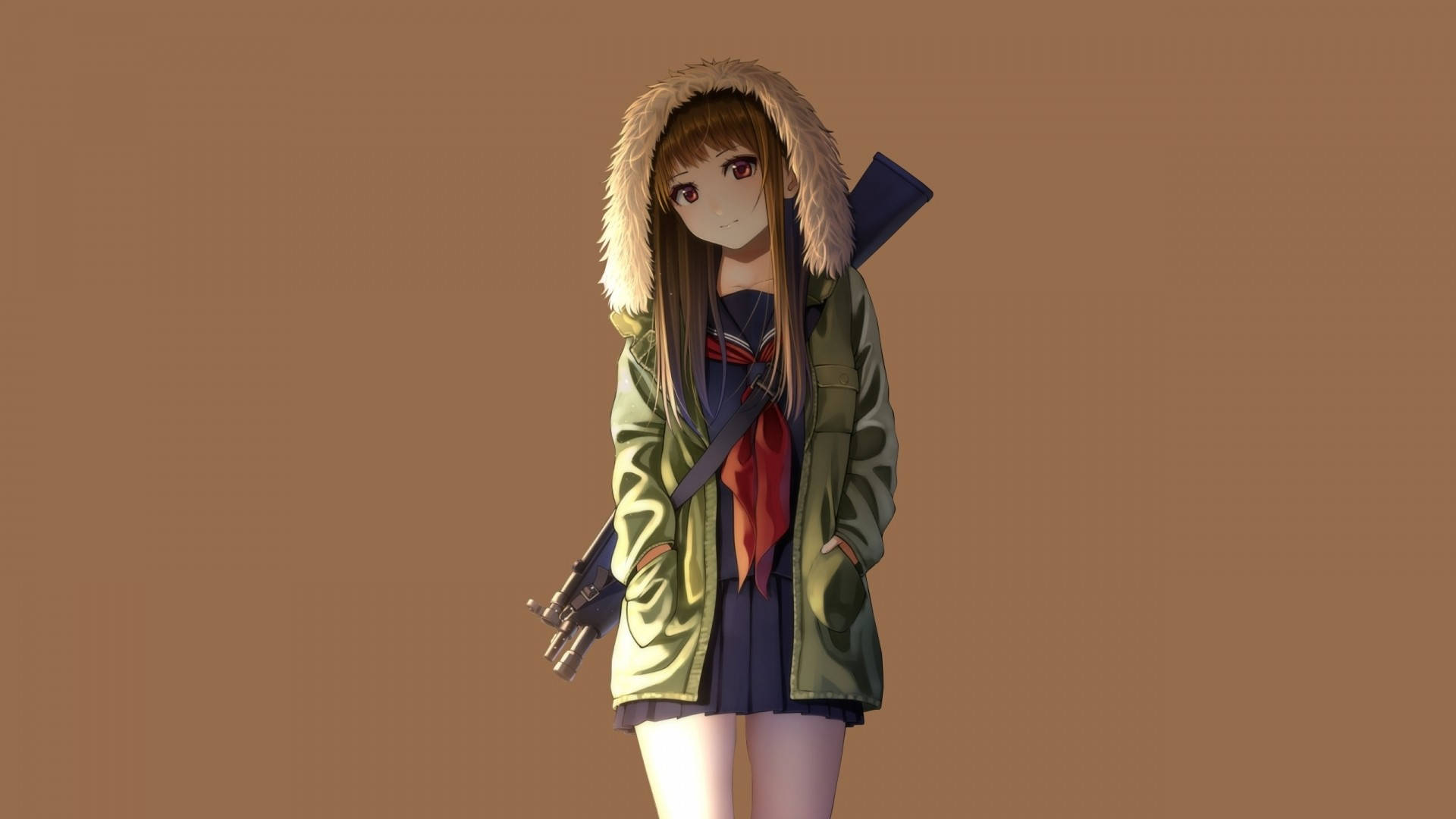 动漫女孩连帽衫持枪 壁纸