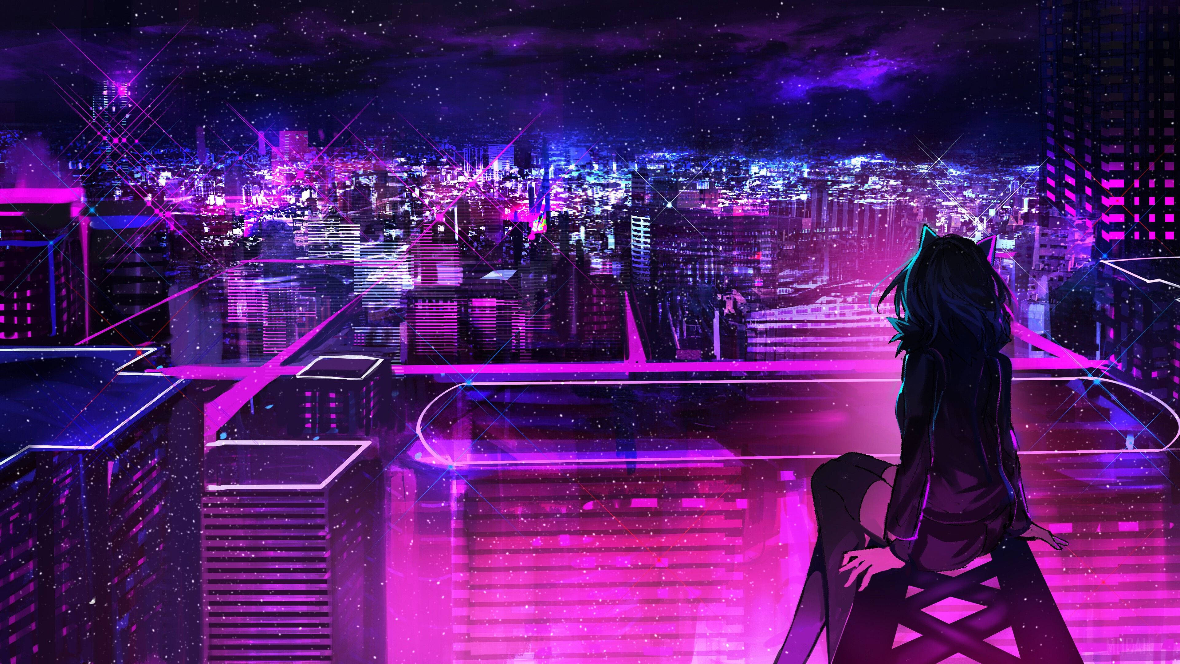 动漫女孩霓虹紫城 壁纸