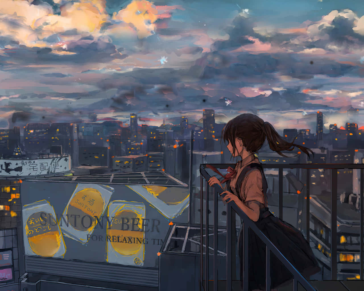 动漫少女与城市建筑风景 壁纸