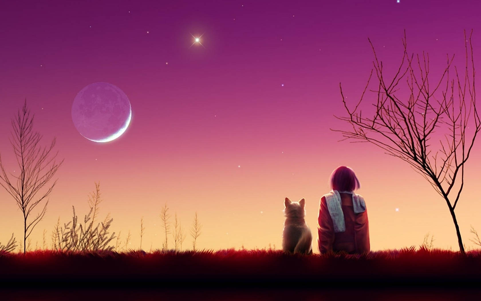 动漫少女与猫唯美夕阳 壁纸