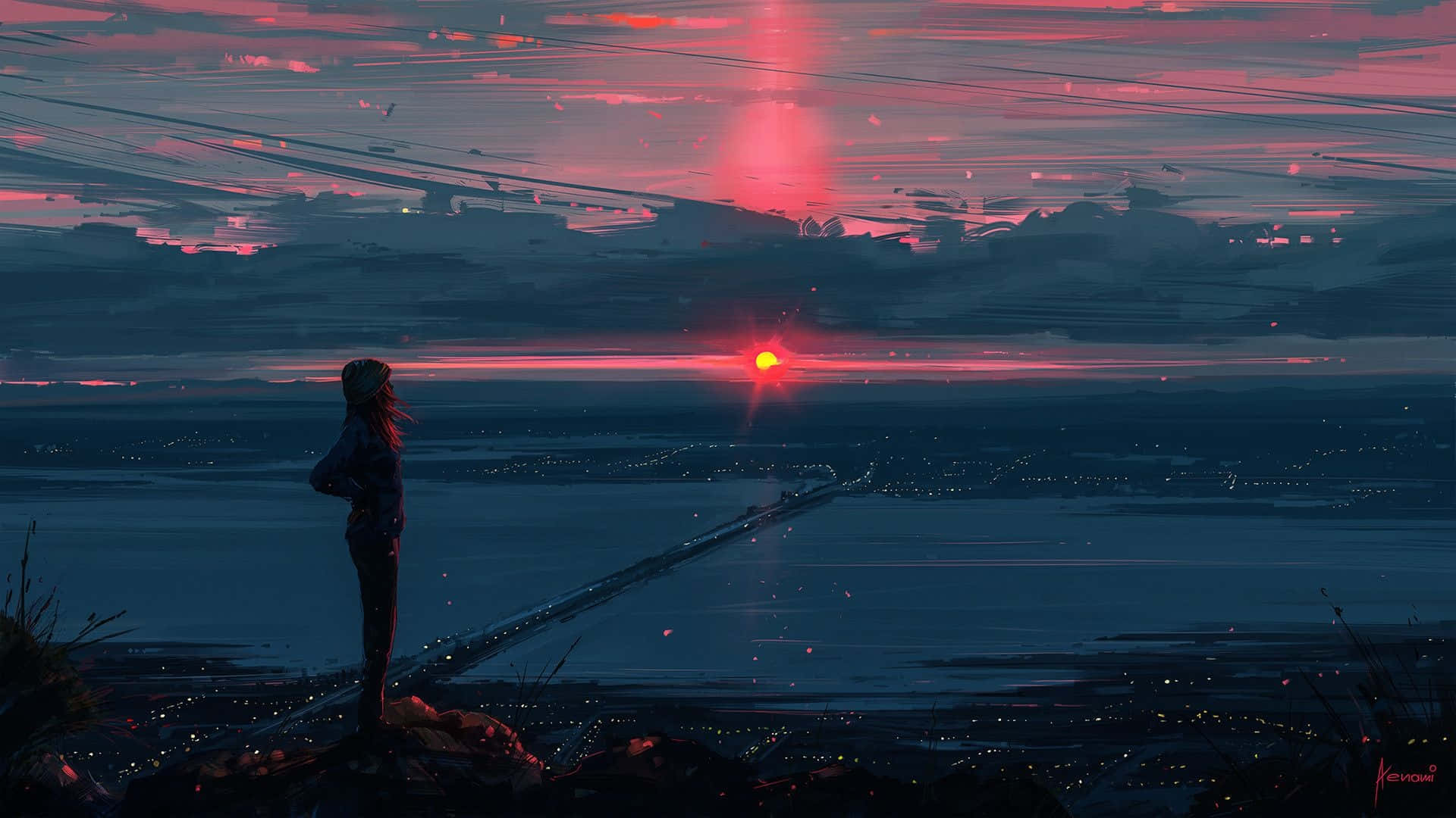 动漫少女悬崖俯瞰夕阳城市