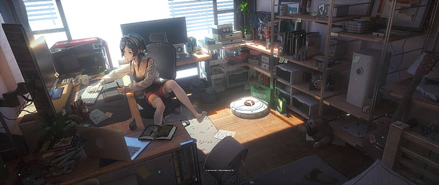 动漫少女舒适地坐在笔记本电脑前工作 壁纸