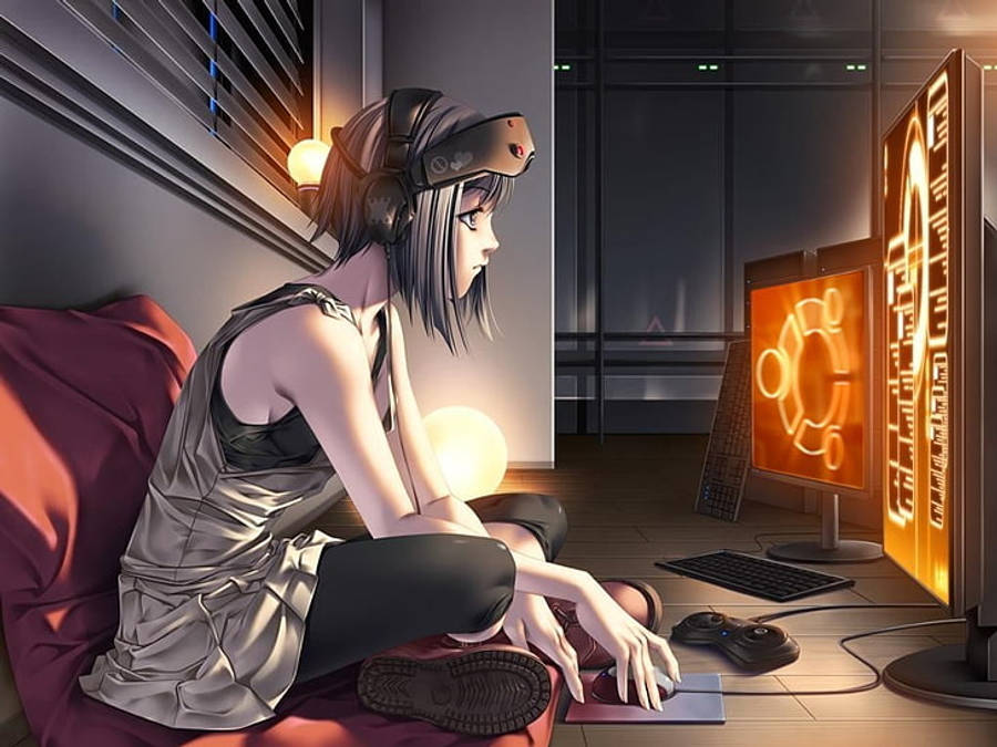动漫少女靠近笔记本屏幕 壁纸