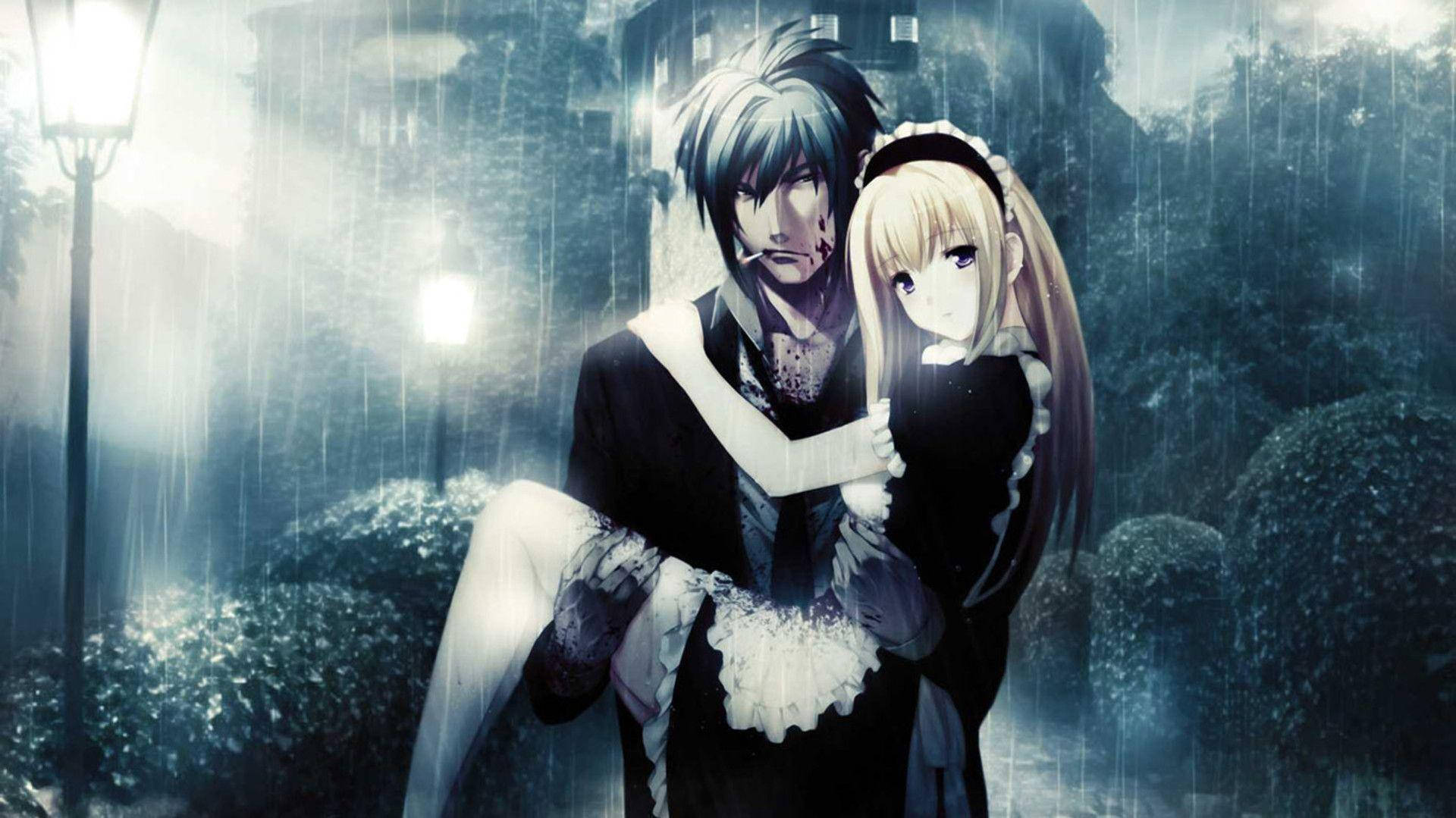 动漫情侣雨中拥抱 壁纸