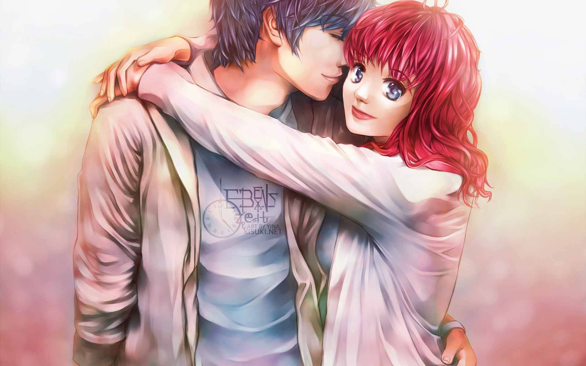 动漫拥抱情侣外套男孩与女孩 壁纸