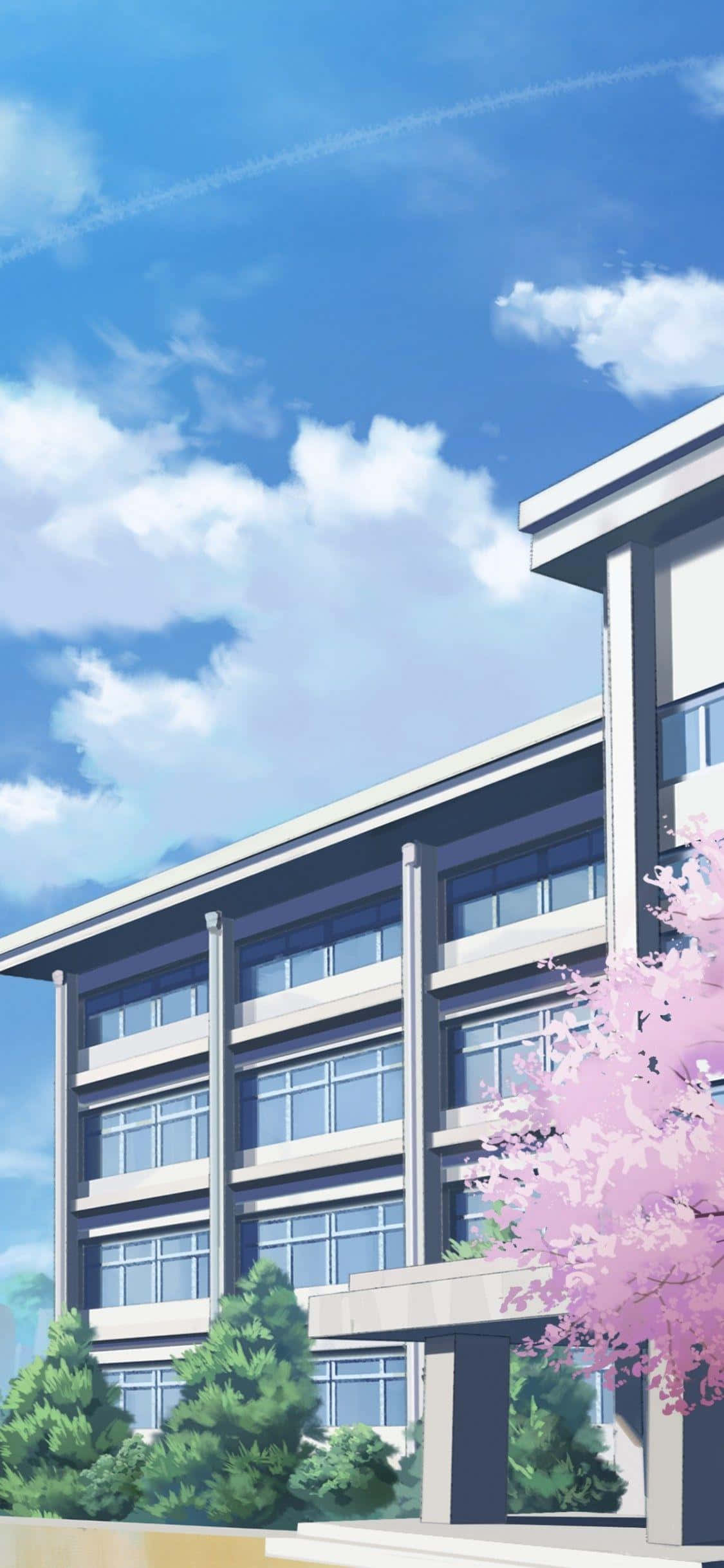 动漫校园建筑与樱花 壁纸