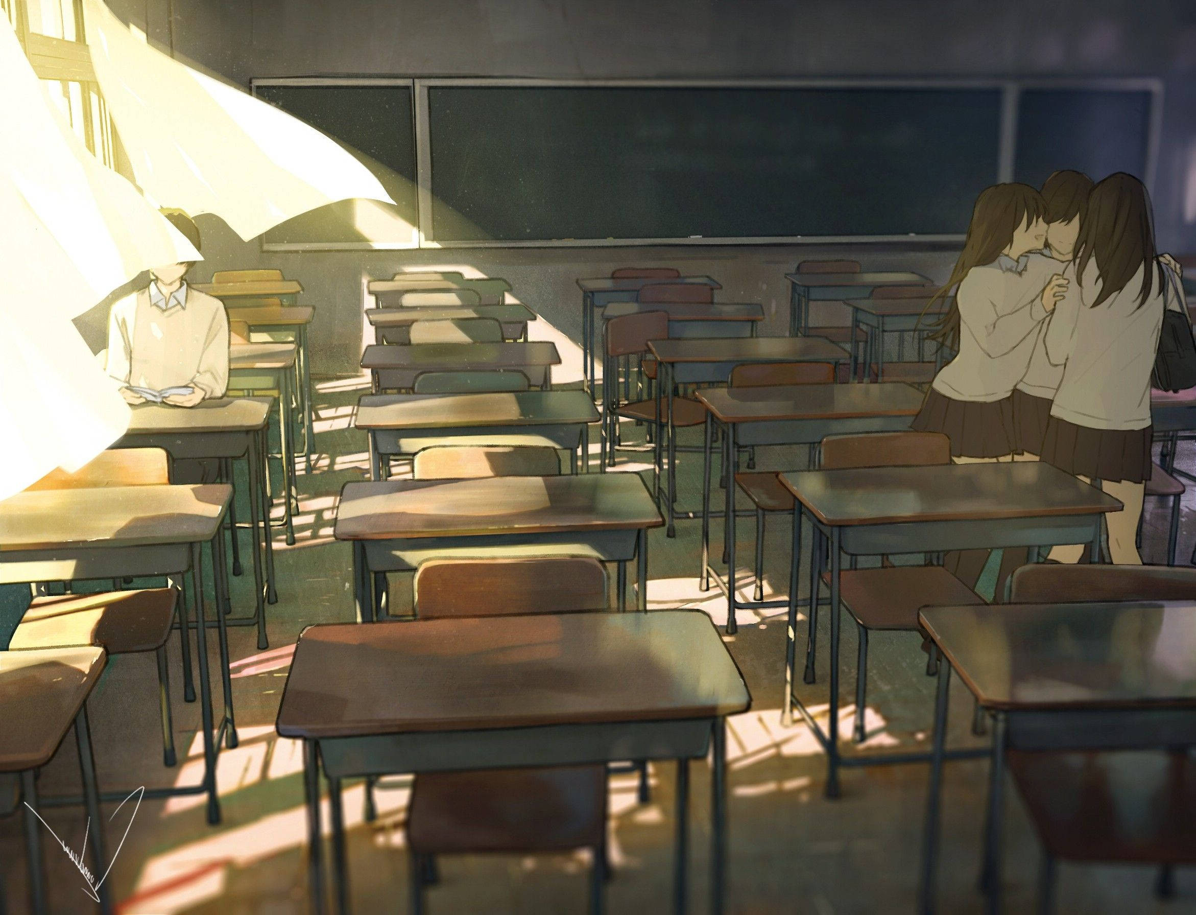 动漫校园风景：昏暗教室中的学生 壁纸