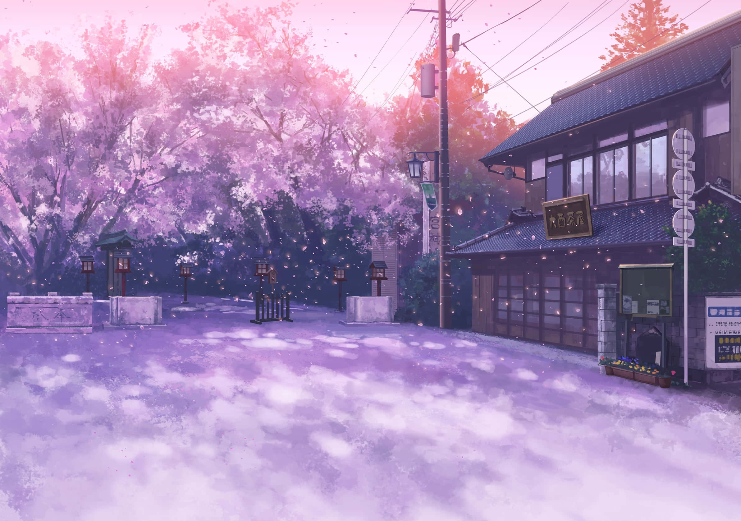 动漫樱花电线杆房屋背景 壁纸