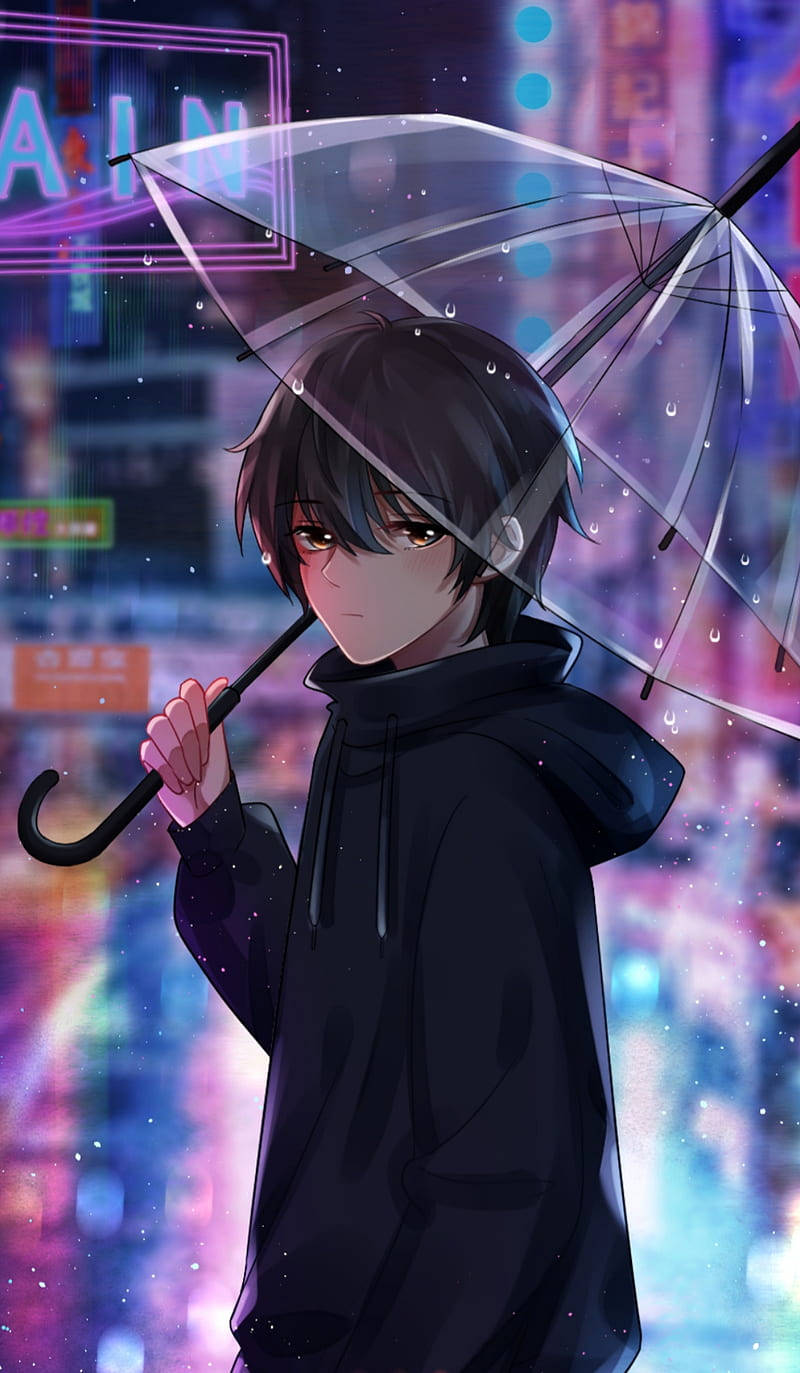 动漫男孩暗色透明伞 壁纸
