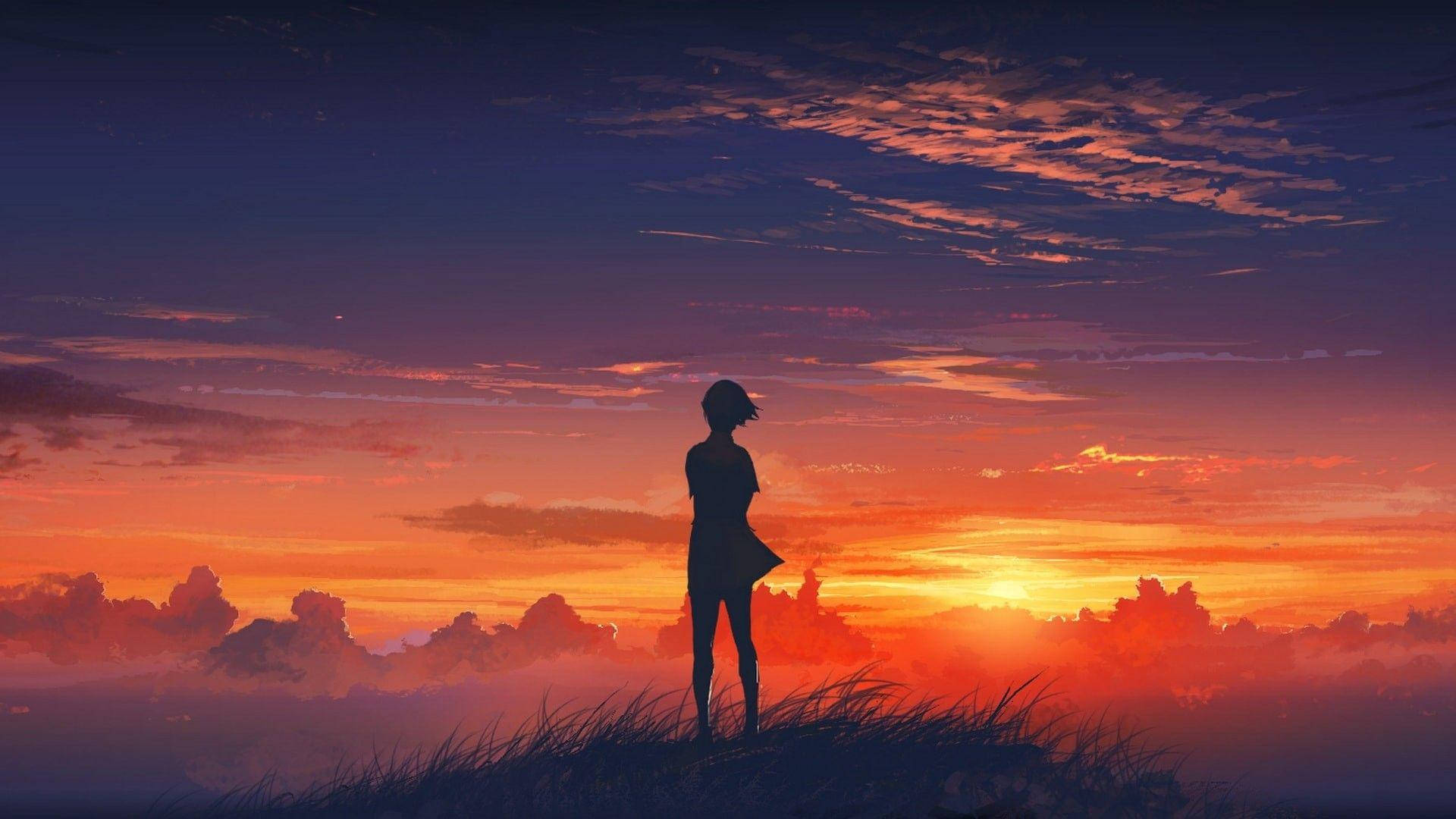 动漫美少女剪影唯美日落 壁纸