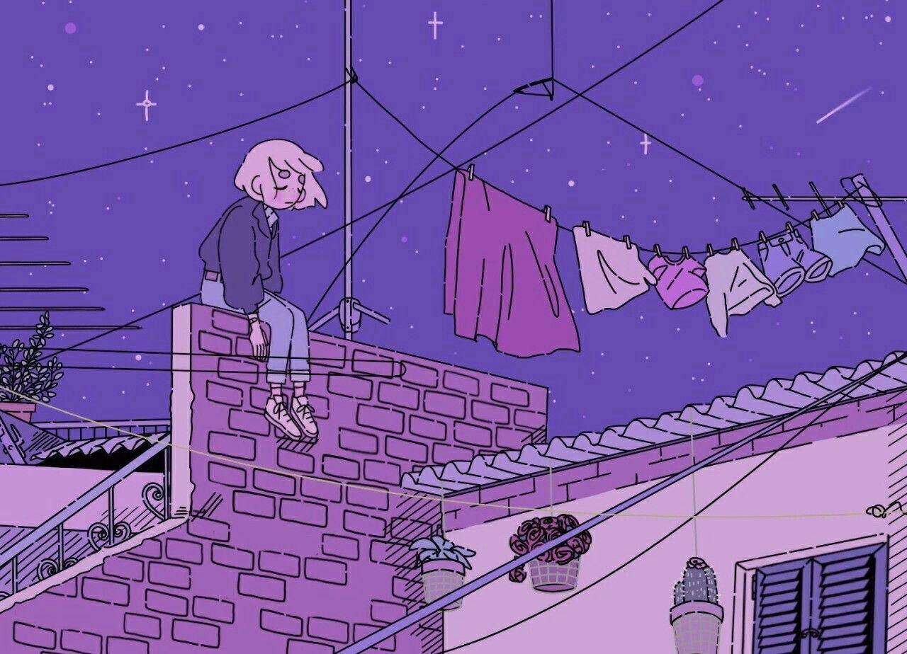 动漫美少女紫色夜景唯美壁纸